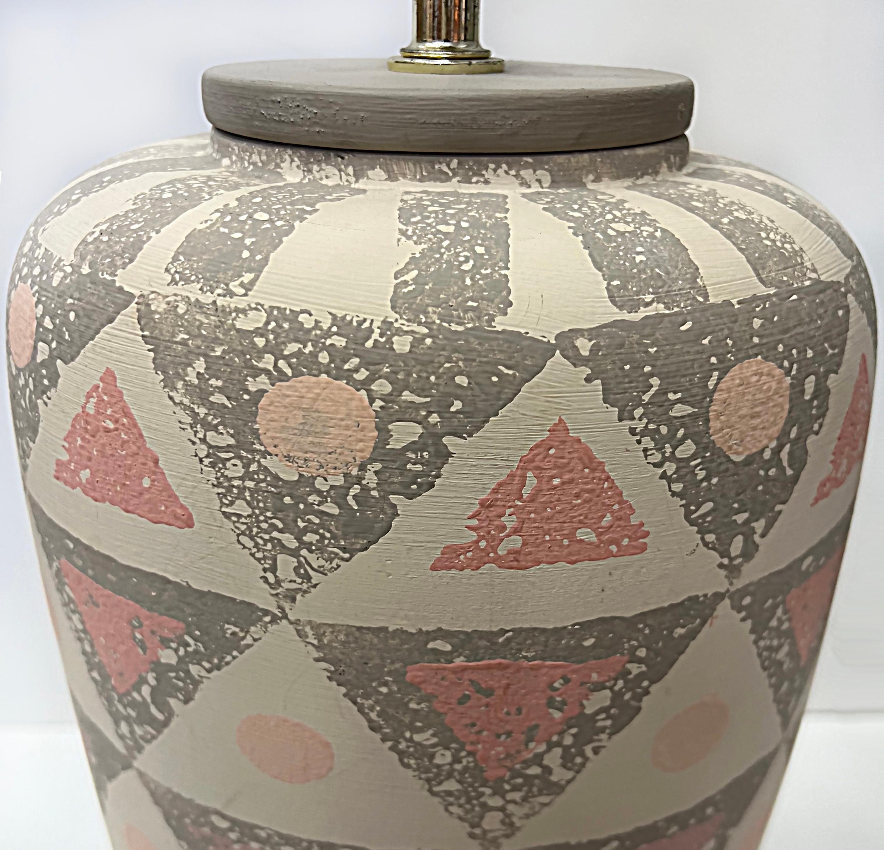 Hand-Painted 1980s, Hand Painted Geometric Design Pottery Table Lamps, Pair For Sale
