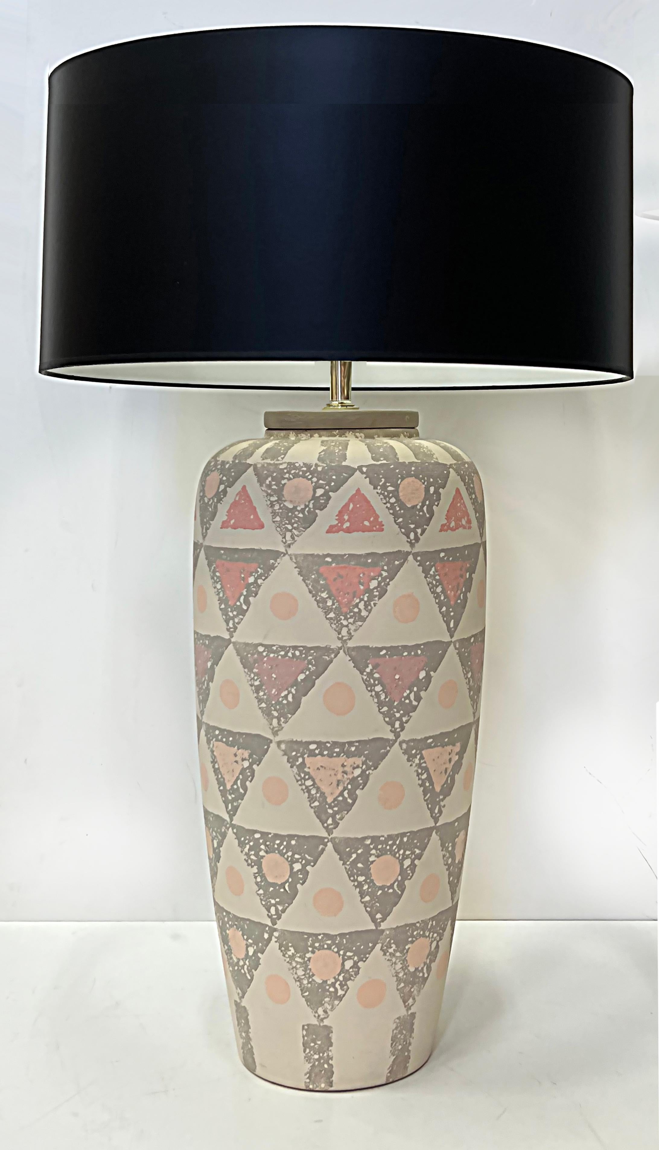 1980s, Hand Painted Geometric Design Pottery Table Lamps, Pair For Sale 1