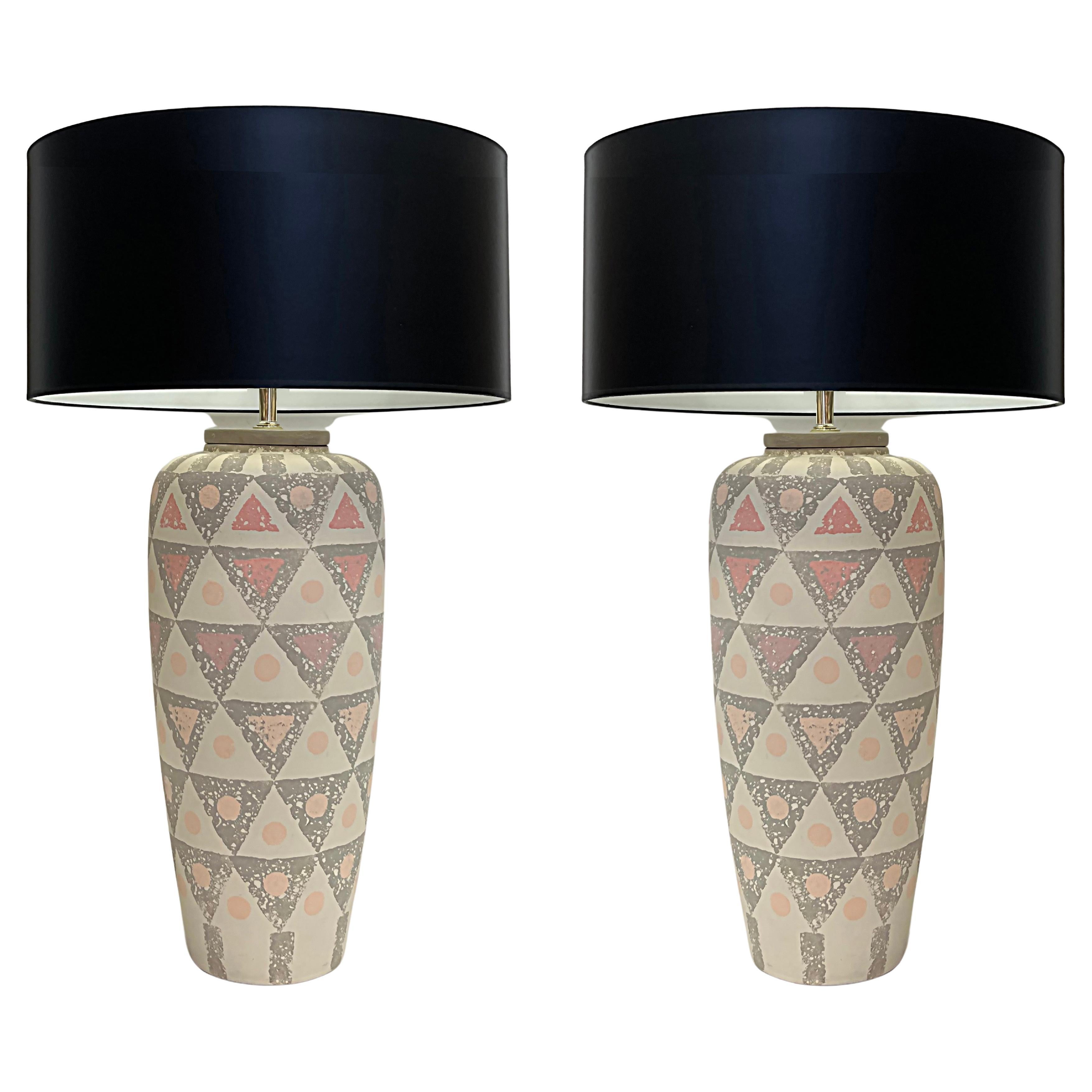 1980s, Hand Painted Geometric Design Pottery Table Lamps, Pair