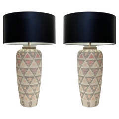 1980s, Hand Painted Geometric Design Pottery Table Lamps, Pair