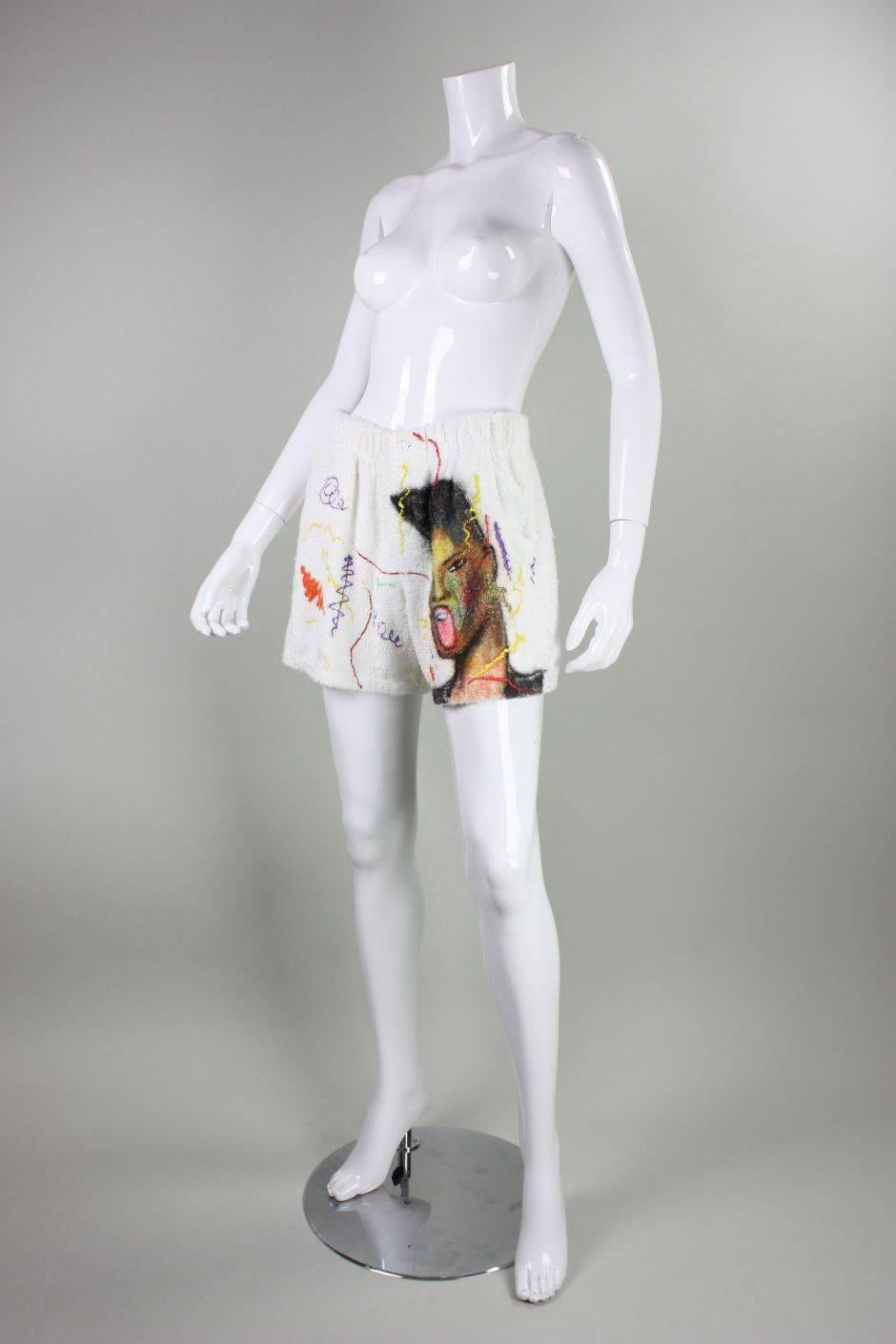 Women's 1980's Hand-Painted Grace Jones Terrycloth Shorts