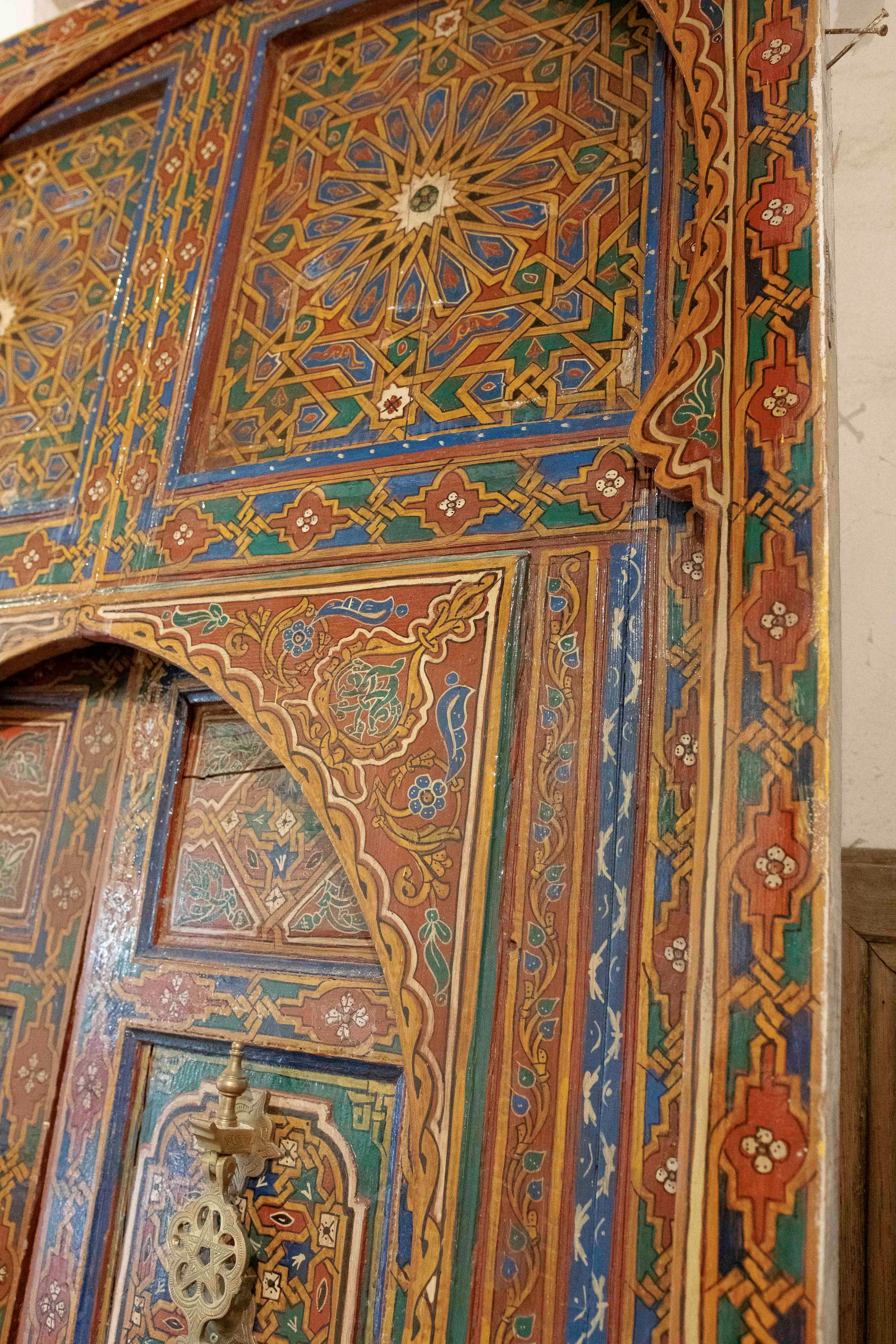 1980s Hand-painted Moorish-style Wooden Door with Iron and Bronze Hardware 8