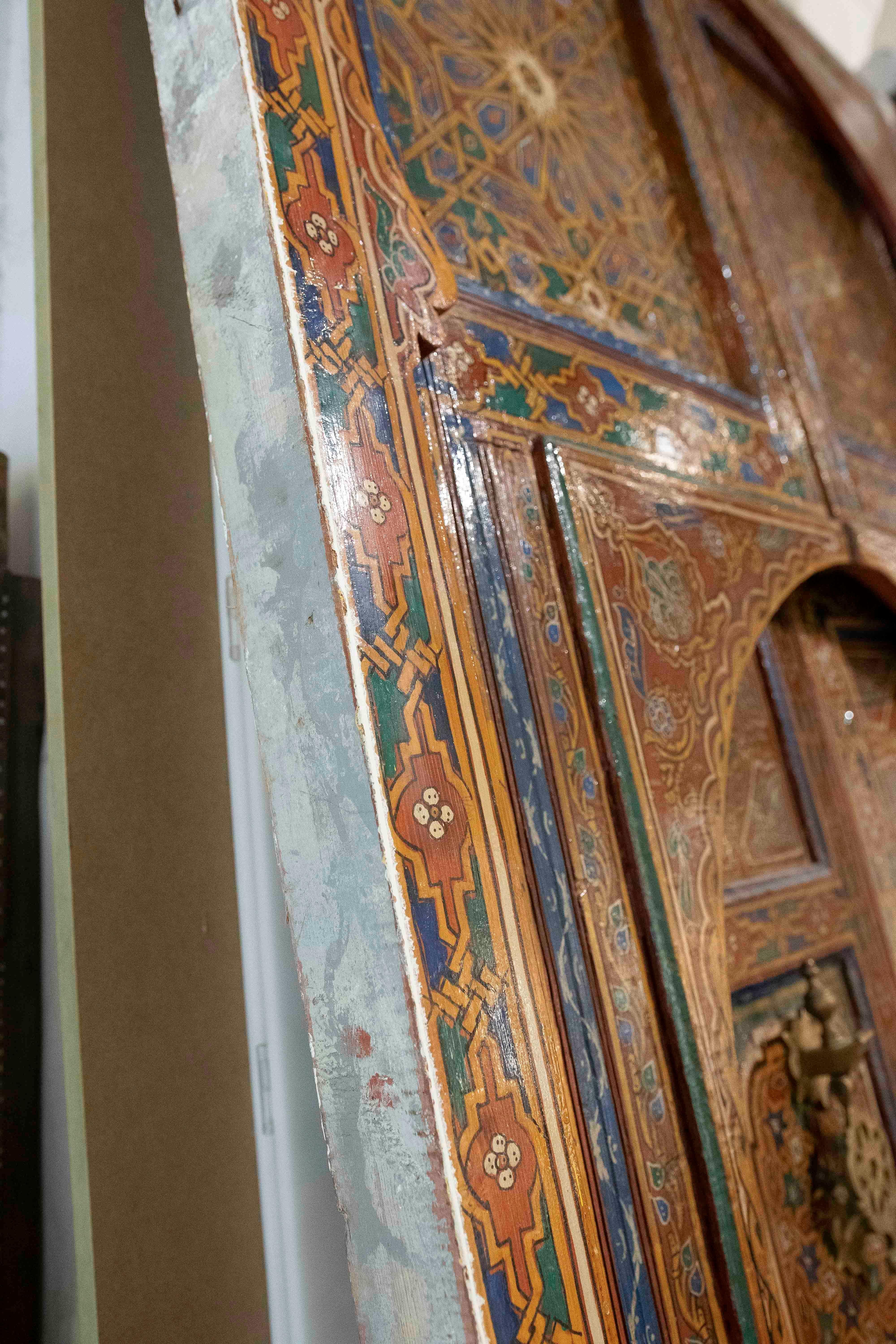 1980s Hand-painted Moorish-style Wooden Door with Iron and Bronze Hardware 10