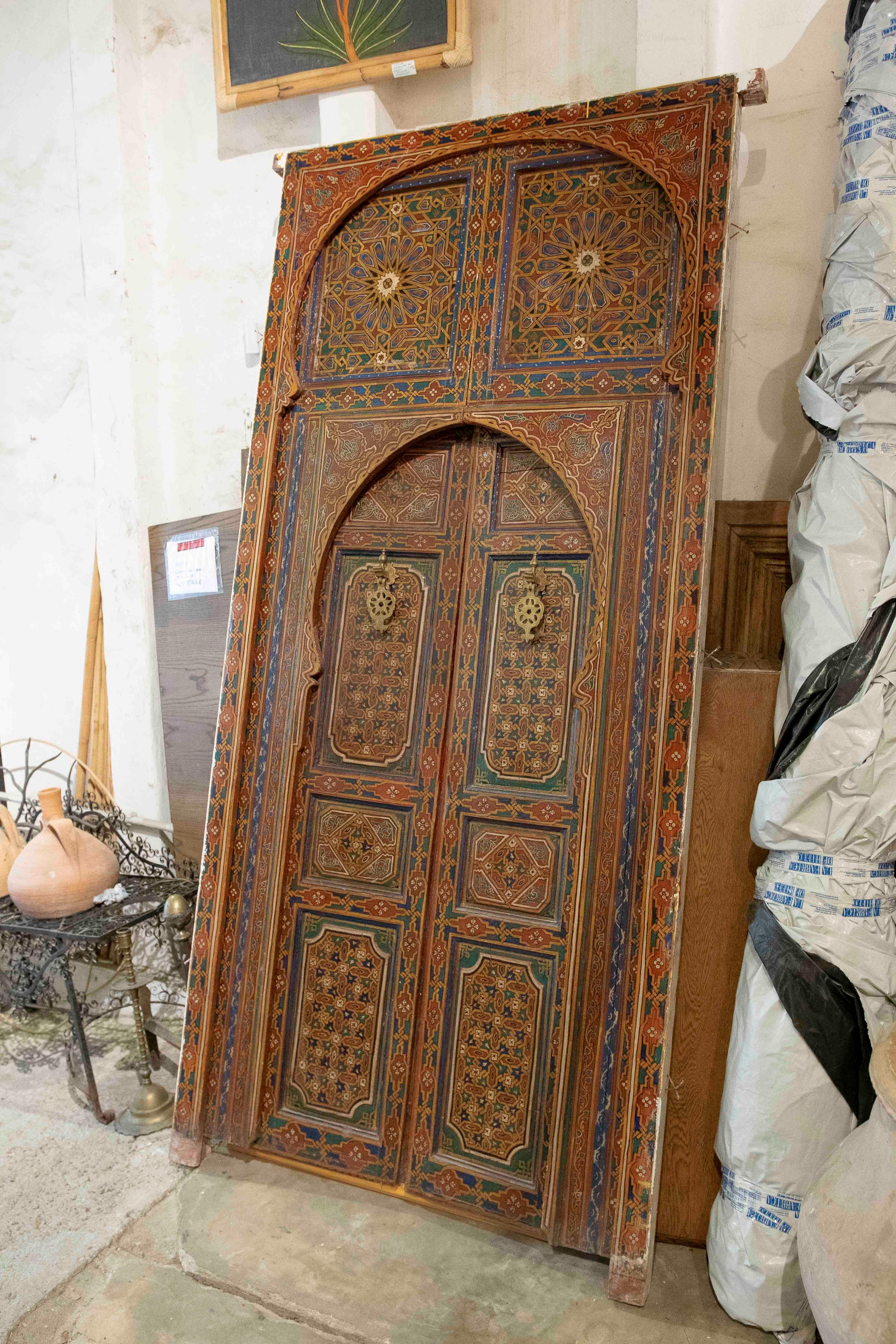 1980s Hand-painted Moorish-style Wooden Door with Iron and Bronze Hardware 12