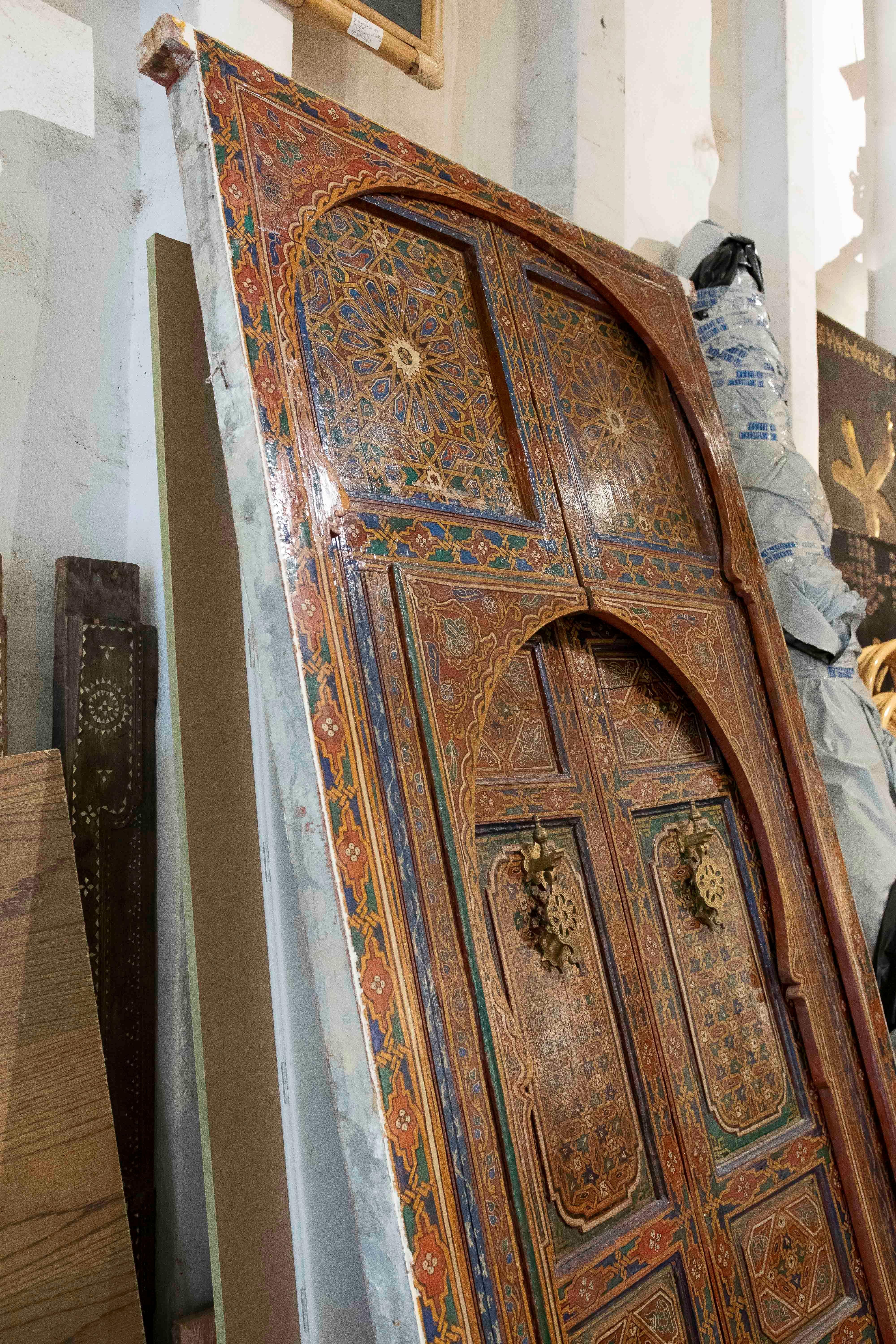 1980s Hand-painted Moorish-style Wooden Door with Iron and Bronze Hardware 13