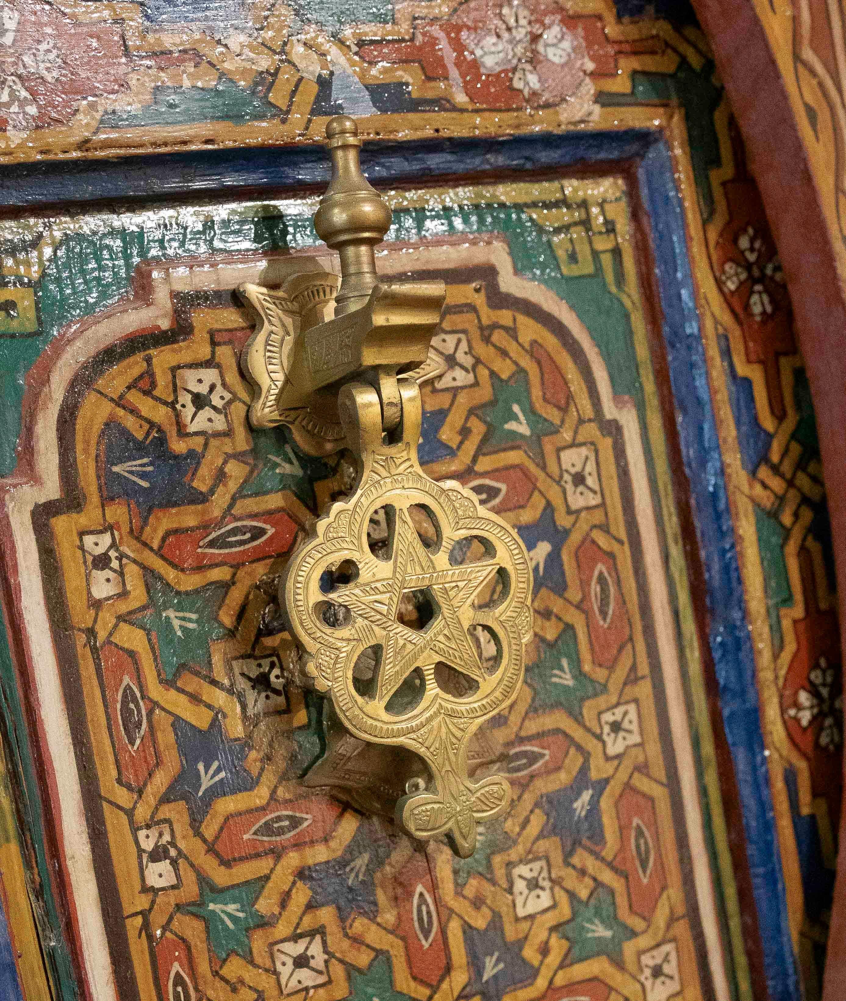 20th Century 1980s Hand-painted Moorish-style Wooden Door with Iron and Bronze Hardware