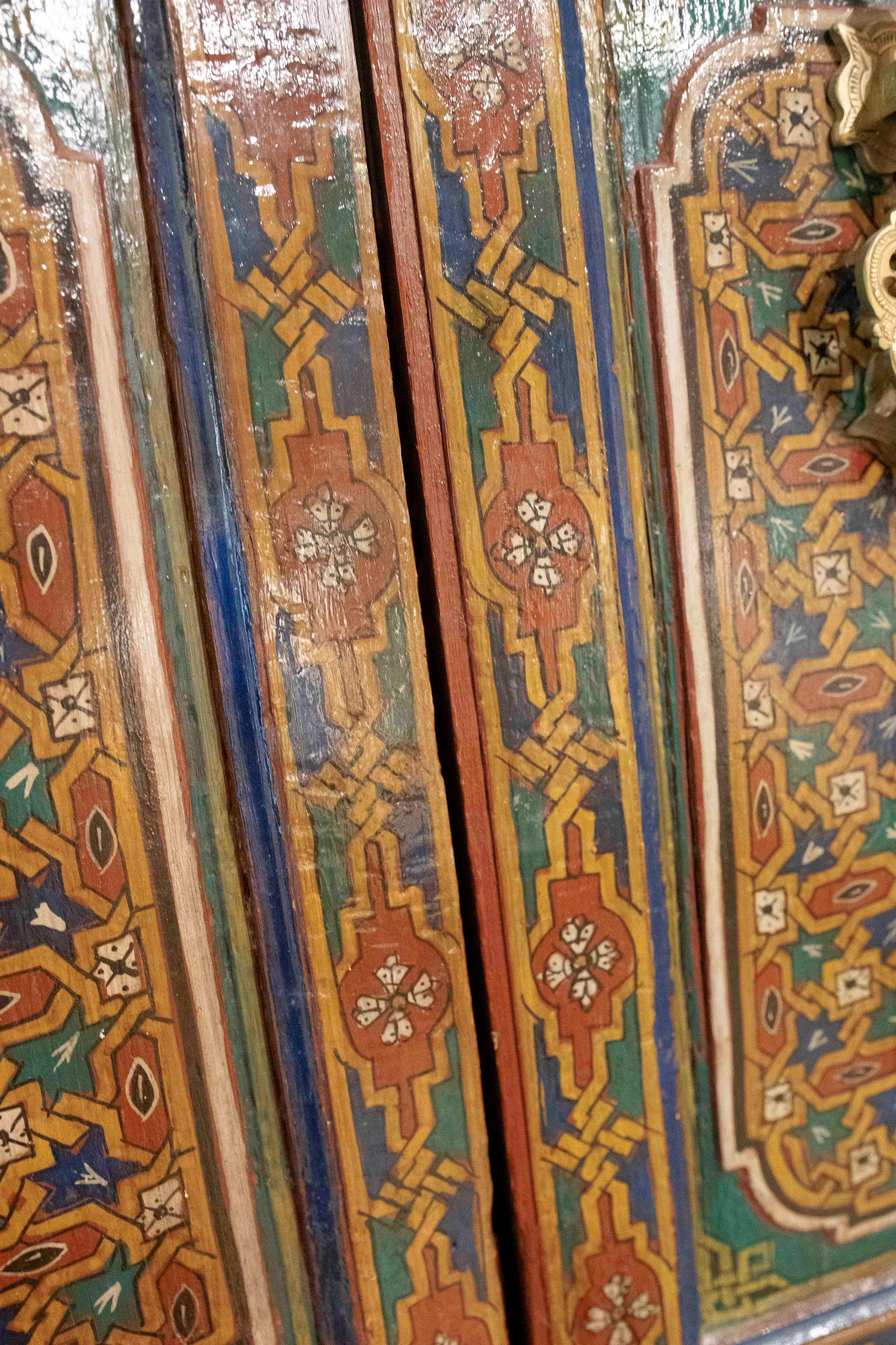 1980s Hand-painted Moorish-style Wooden Door with Iron and Bronze Hardware 1