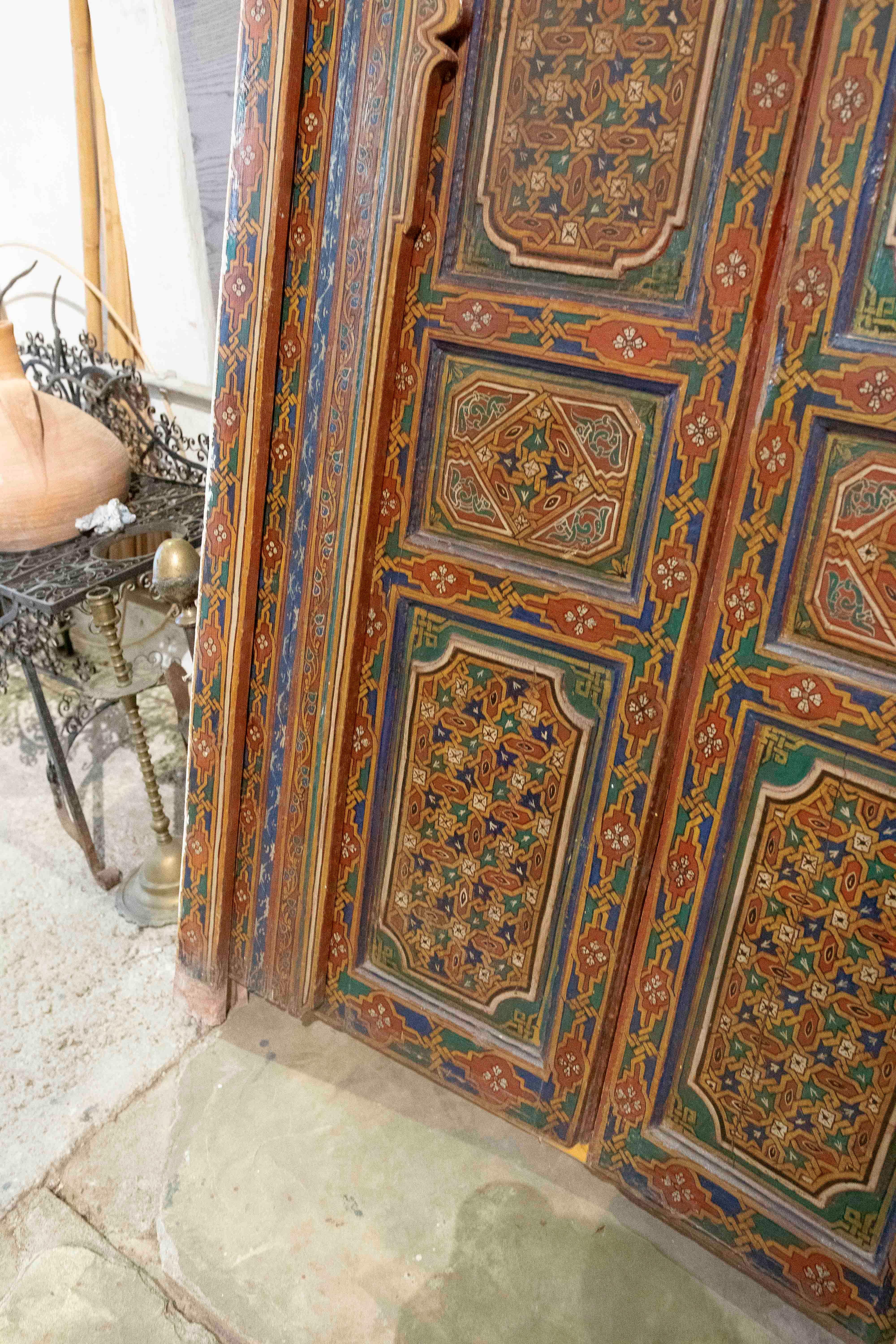 1980s Hand-painted Moorish-style Wooden Door with Iron and Bronze Hardware 3