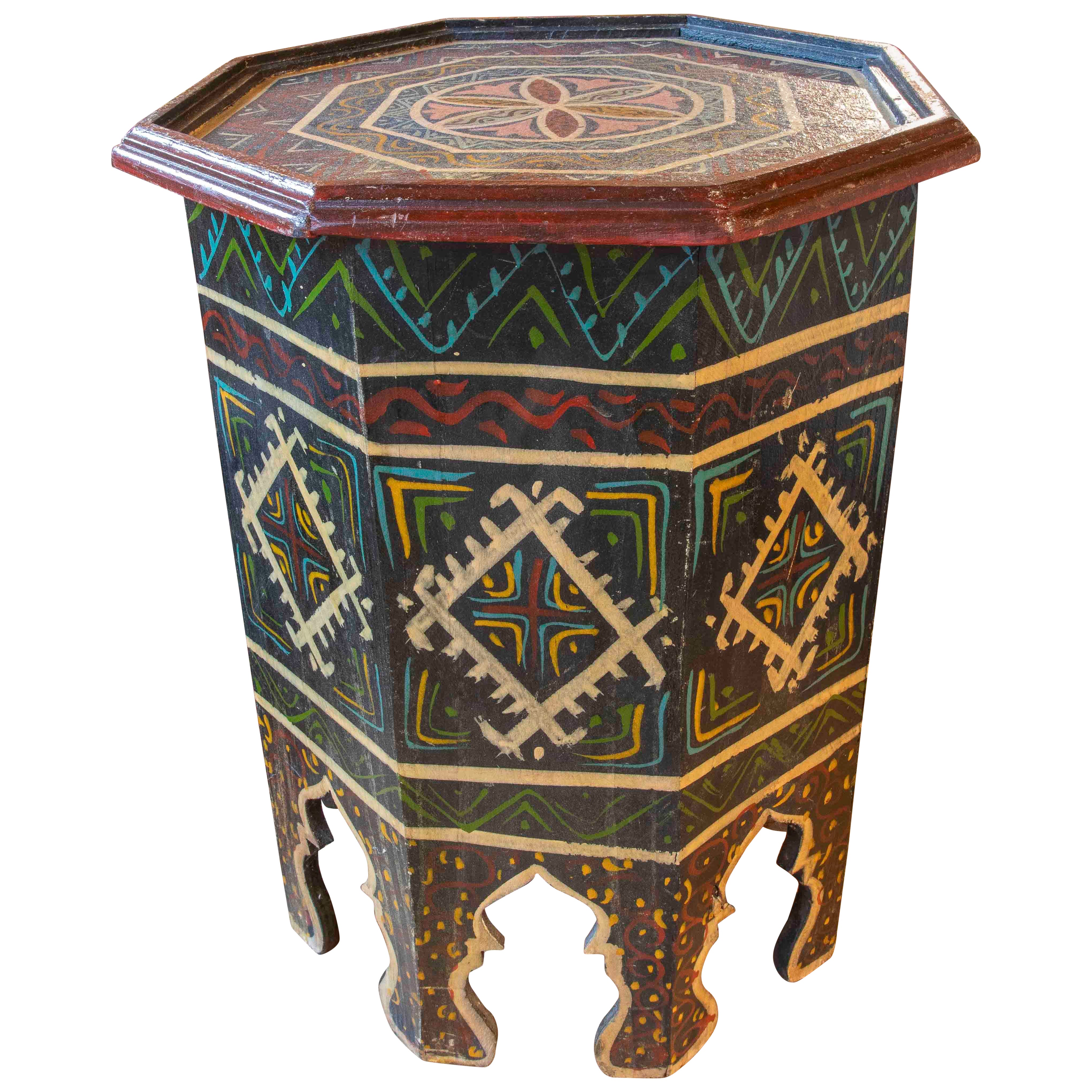 Table d'appoint octogonale marocaine des années 1980 peinte à la main