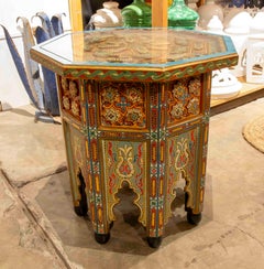 1980s Hand-Painted Moroccan Octagonal Side Table with Geometric Motifs