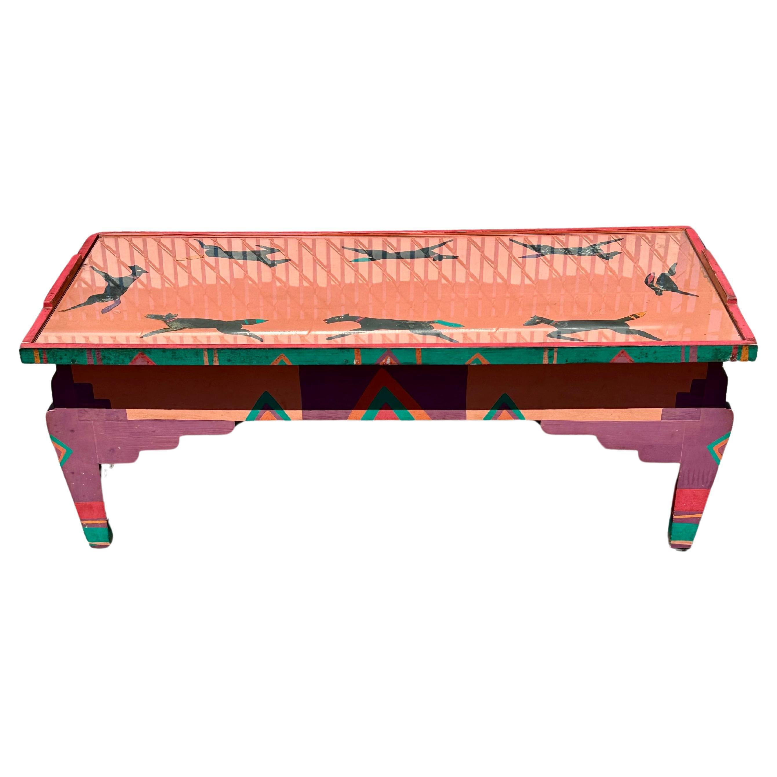 Table basse des années 1980 peinte à la main, art populaire du sud-ouest, chiens coupés en acier en vente