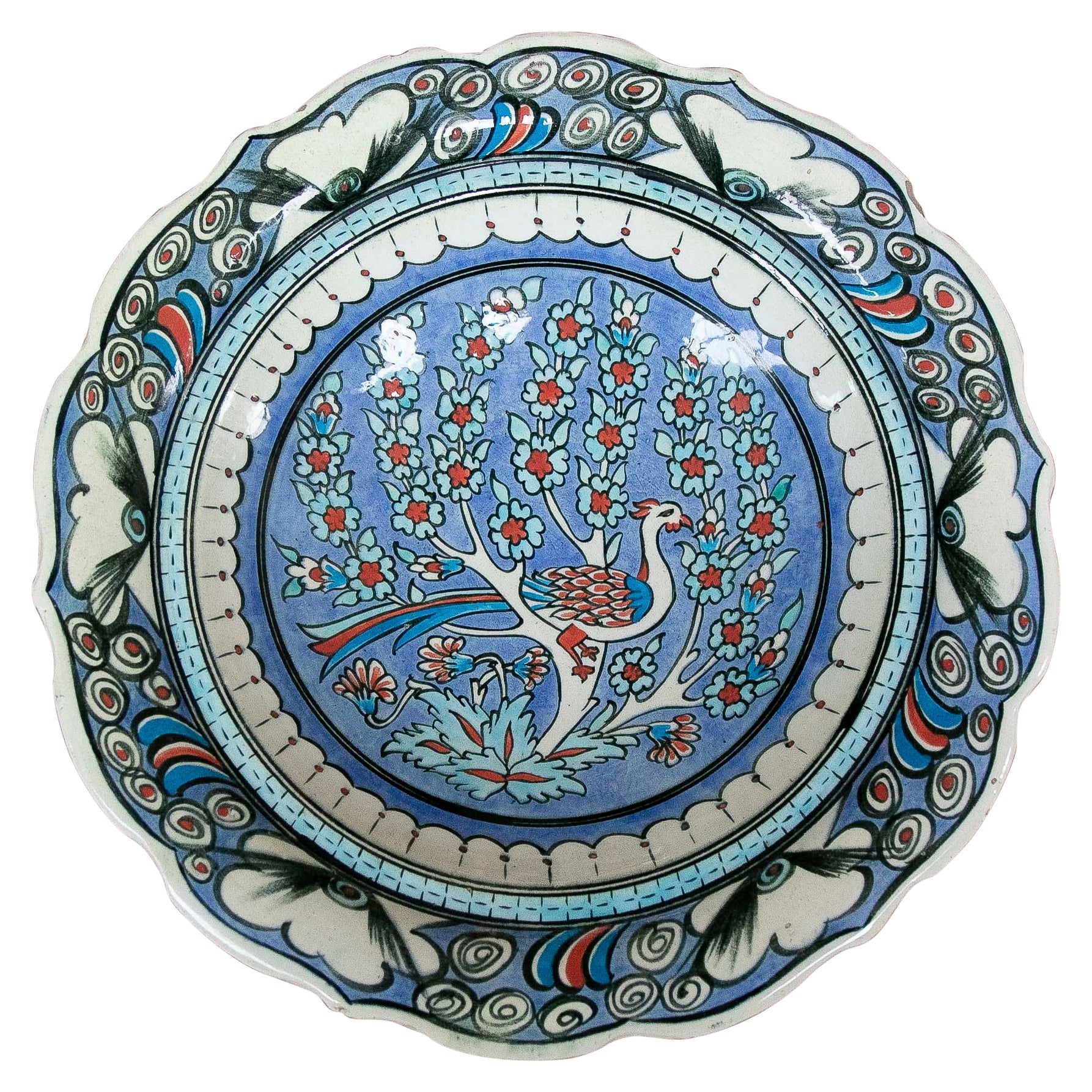 1980s Hand-Painted Turkish Decorative Plate with Bird and Floral Motifs For Sale
