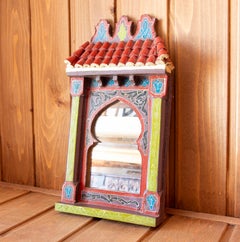 1980s Hand Painted Wooden Wall Mirror Imitating Moorish Building Architecture