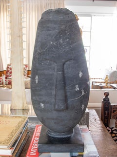 1980s Hand Sculpture Carved Head in Black Marble with Square Base