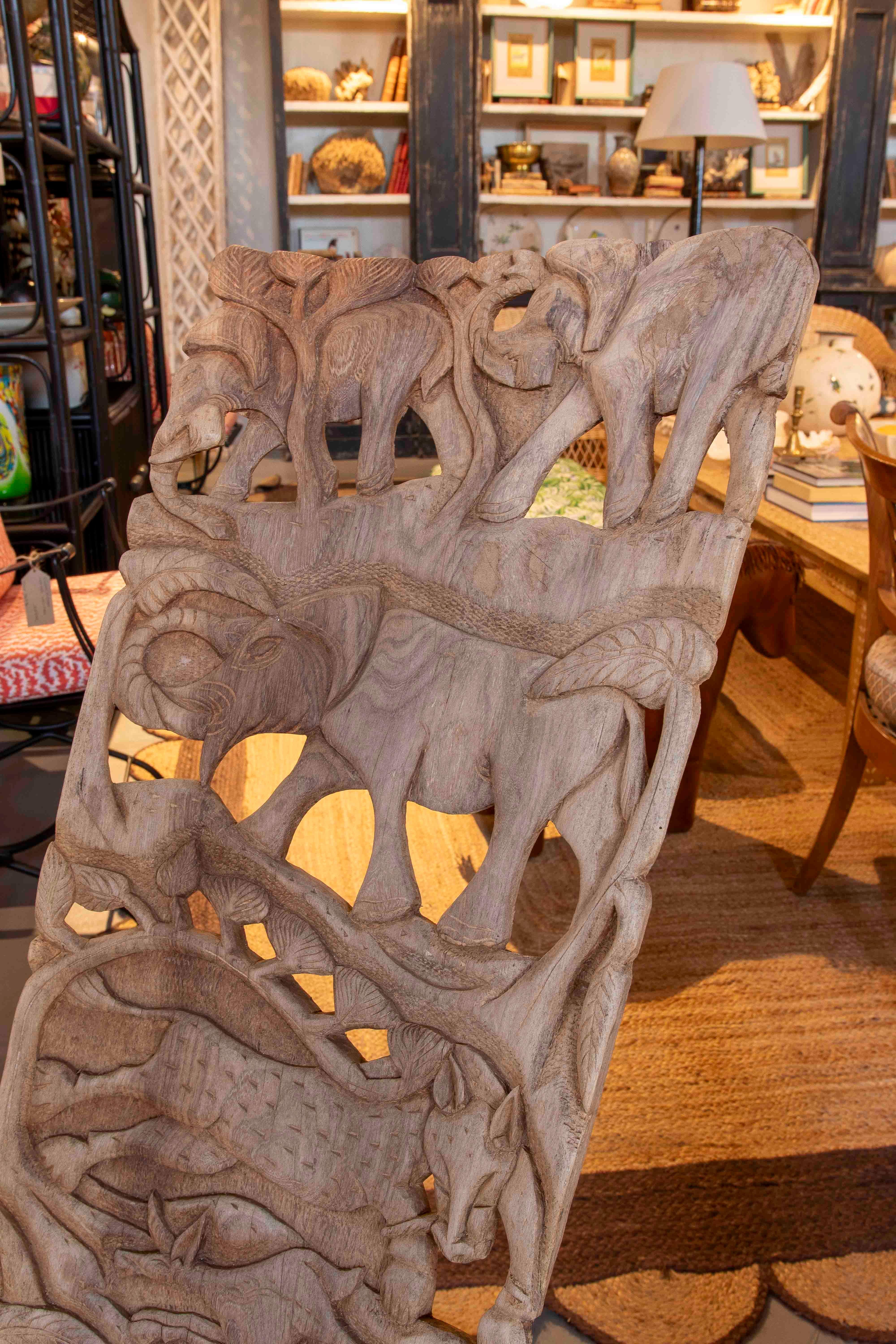 Hand-Carved 1980s Handcrafted Chair Carved in Wood with Wildlife Motifs For Sale
