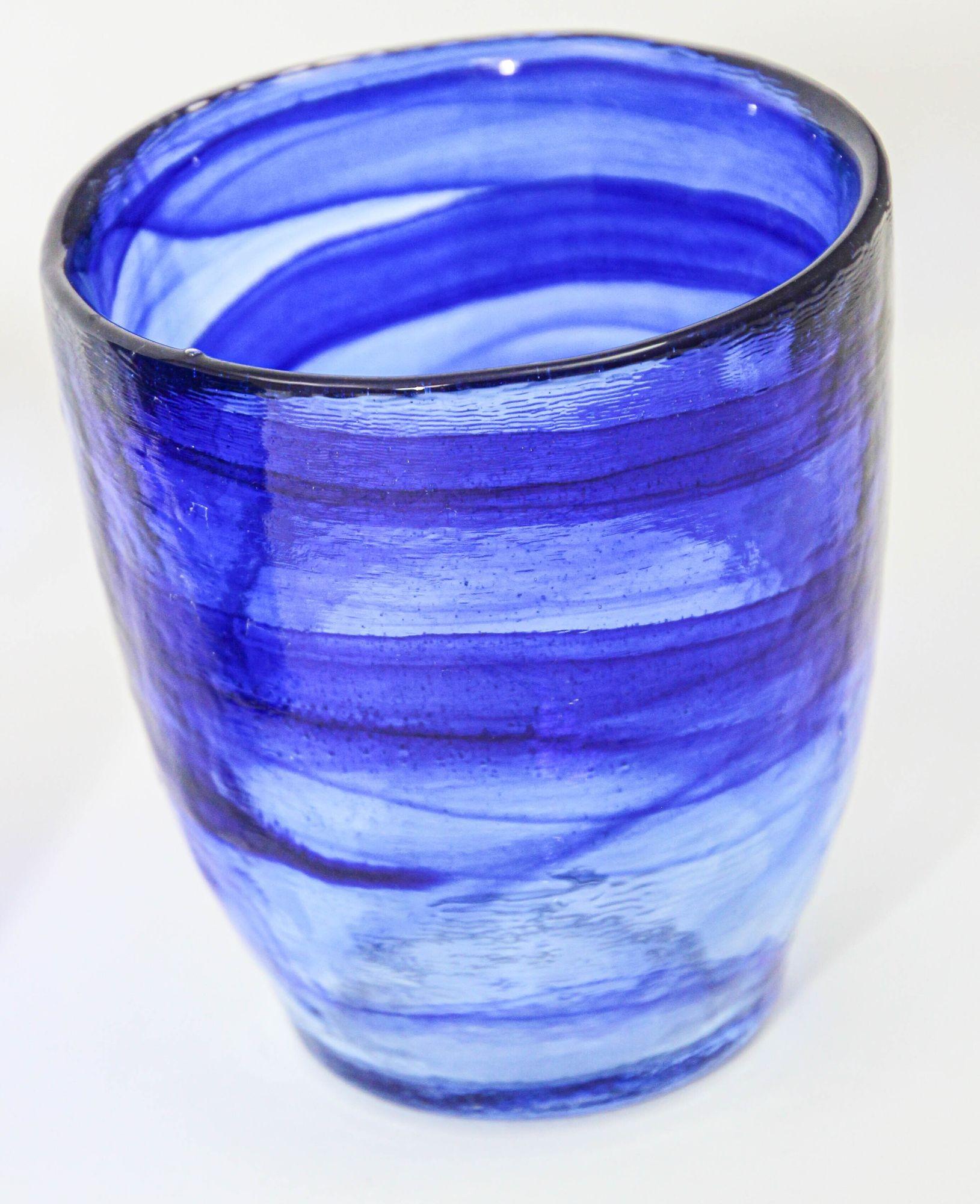 1980s Handcrafted Double Old-Fashioned Cobalt Blue Thick Art Glass set of 6 For Sale 3