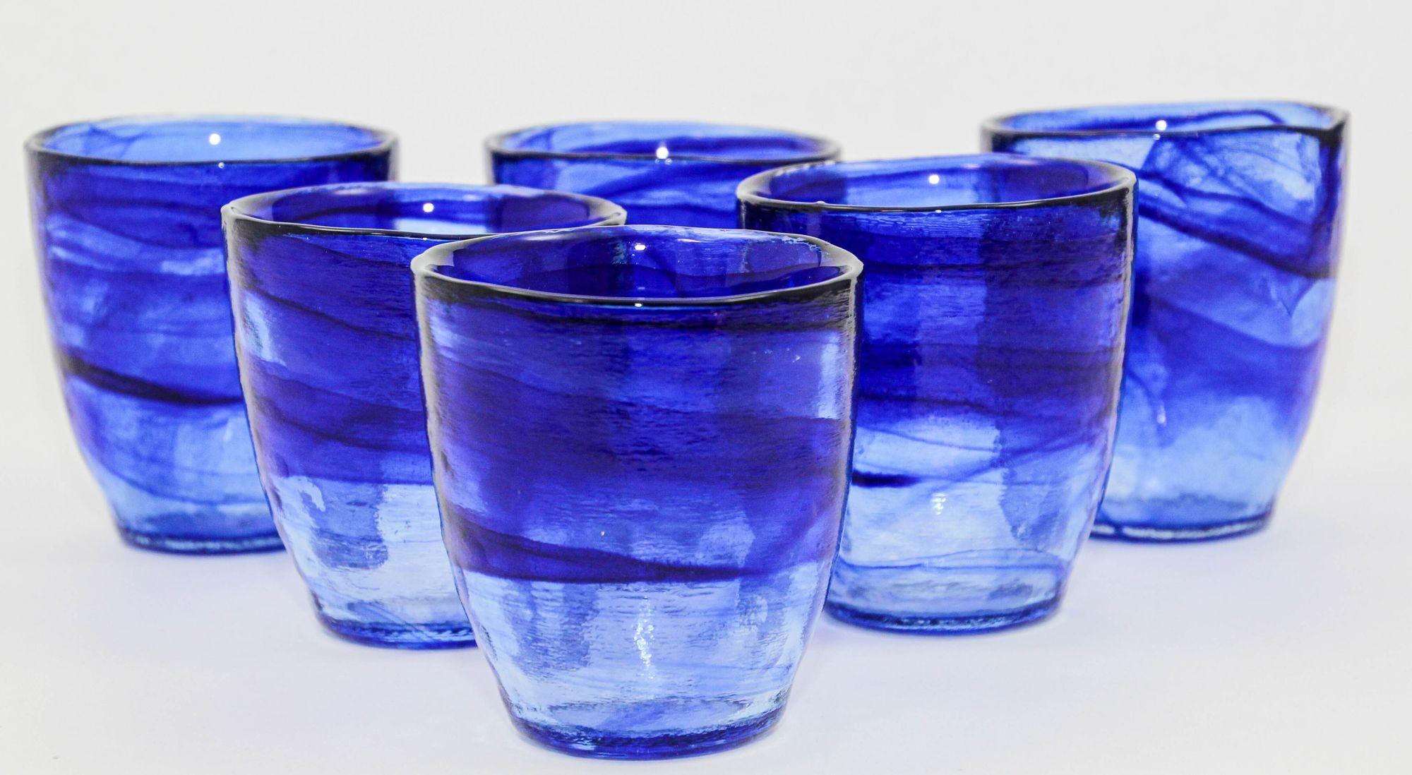 Post-Modern 1980s Handcrafted Double Old-Fashioned Cobalt Blue Thick Art Glass set of 6 For Sale
