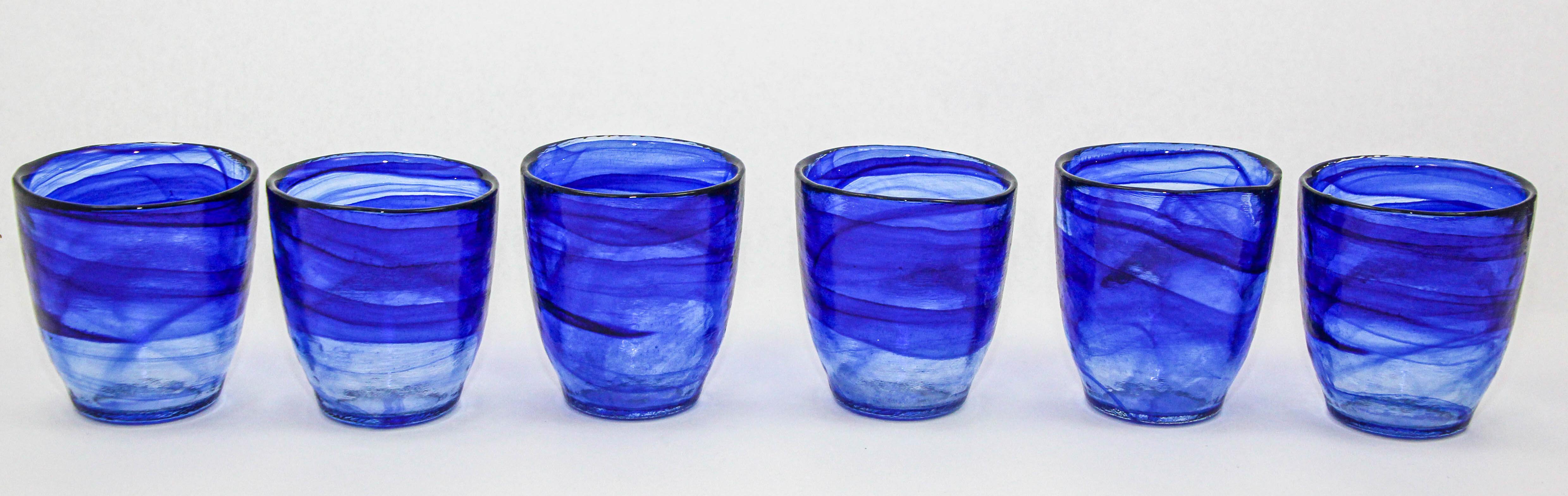 Italian 1980s Handcrafted Double Old-Fashioned Cobalt Blue Thick Art Glass set of 6 For Sale
