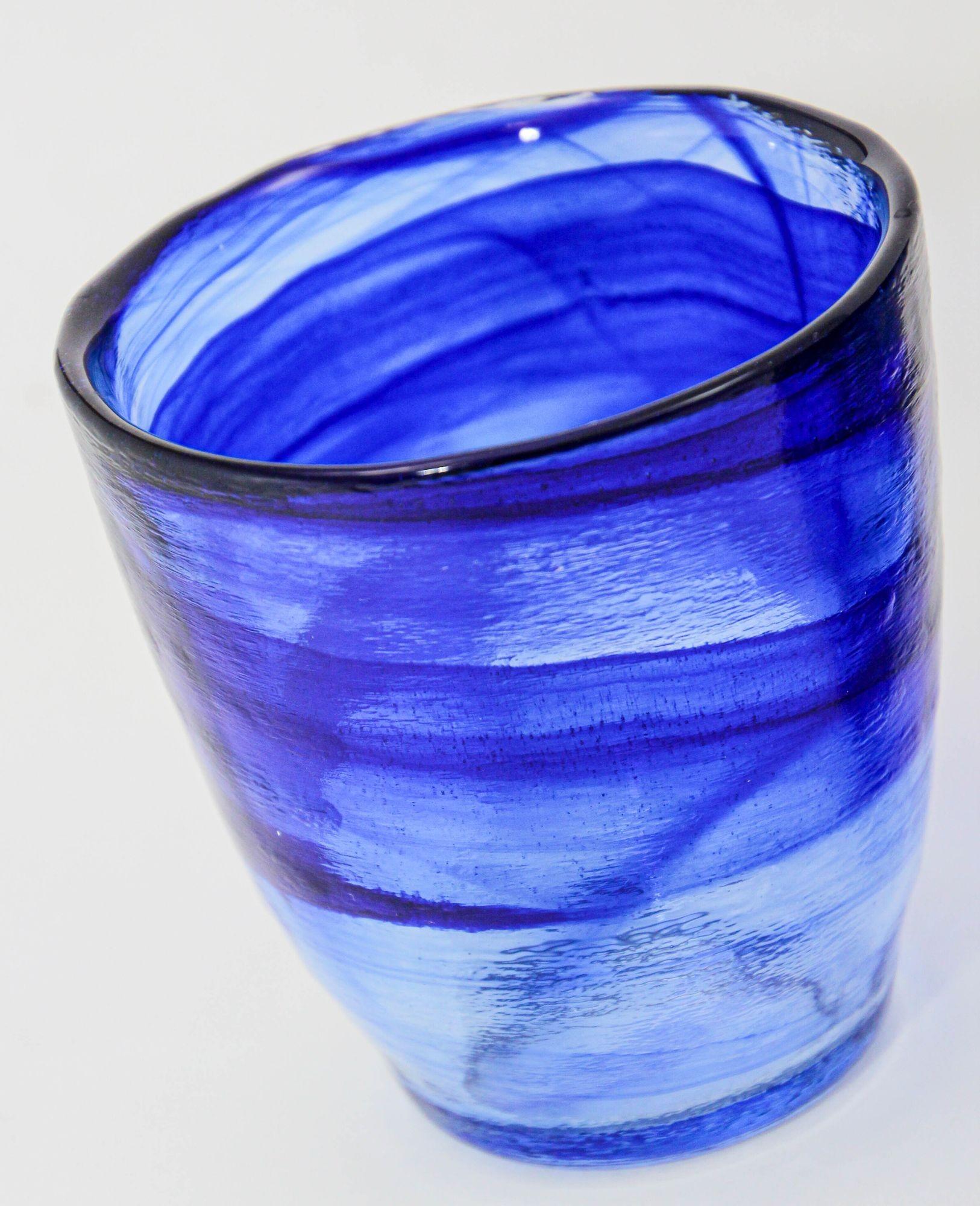 Hand-Carved 1980s Handcrafted Double Old-Fashioned Cobalt Blue Thick Art Glass set of 6 For Sale