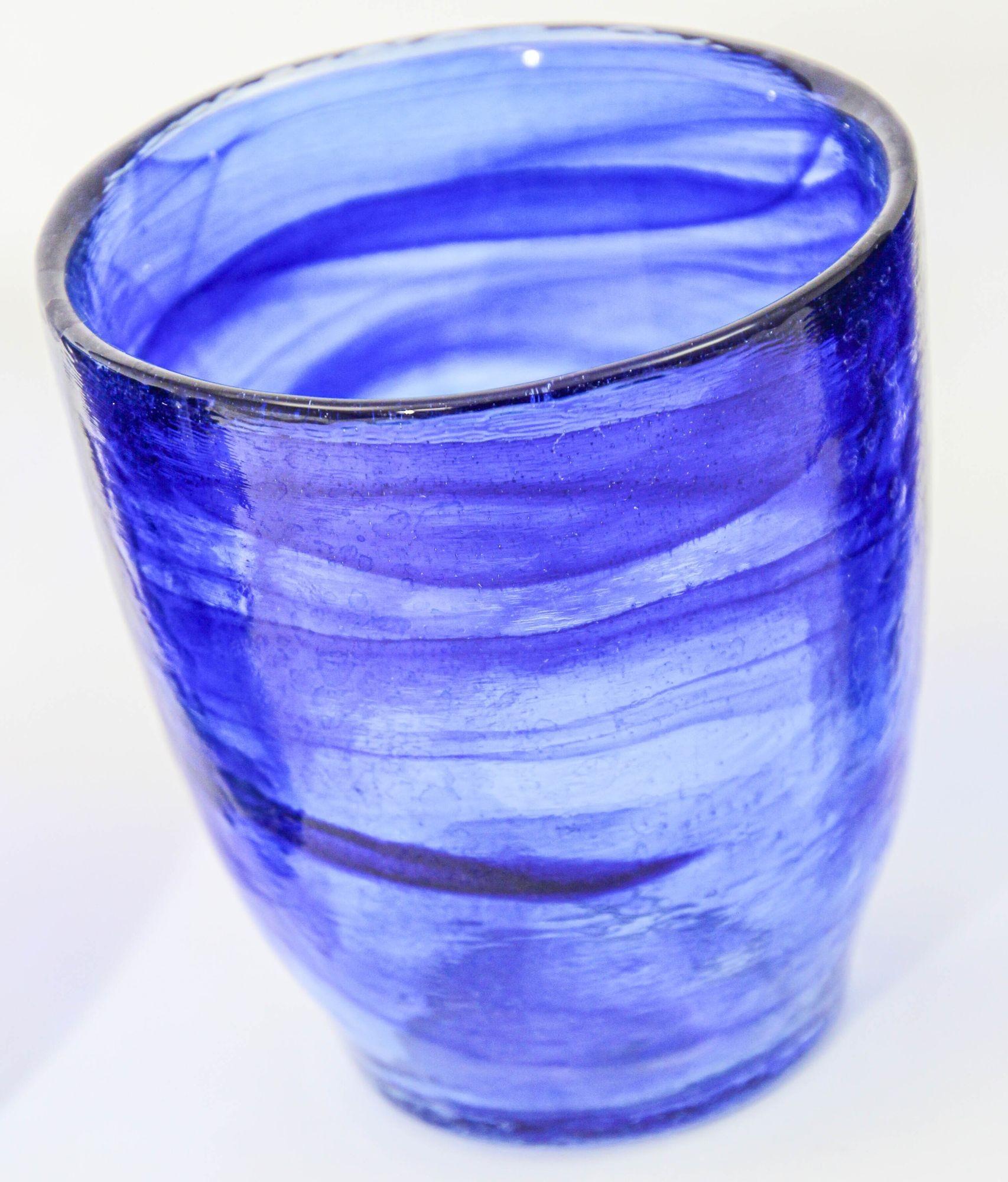 20th Century 1980s Handcrafted Double Old-Fashioned Cobalt Blue Thick Art Glass set of 6 For Sale