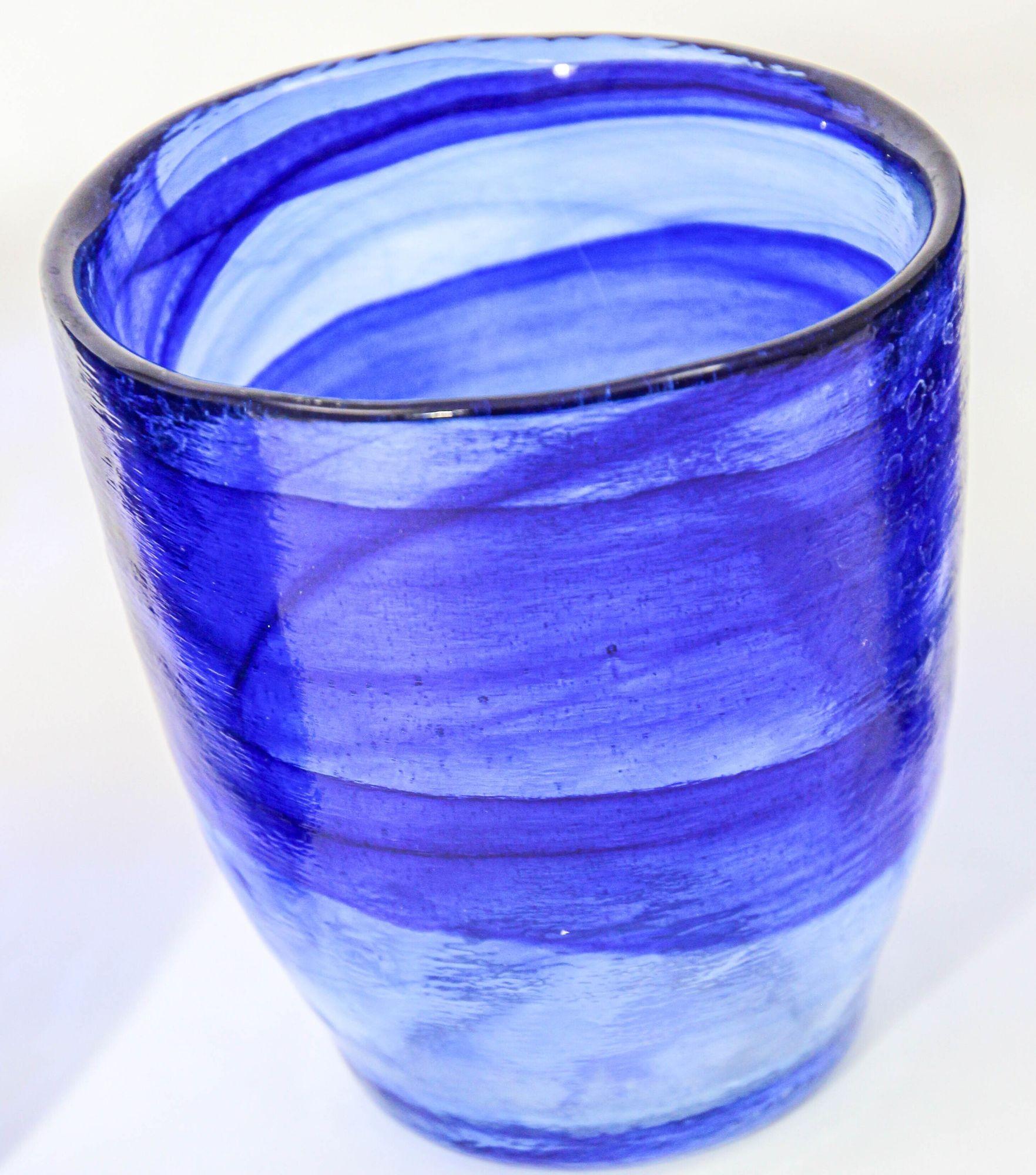1980s Handcrafted Double Old-Fashioned Cobalt Blue Thick Art Glass set of 6 For Sale 1