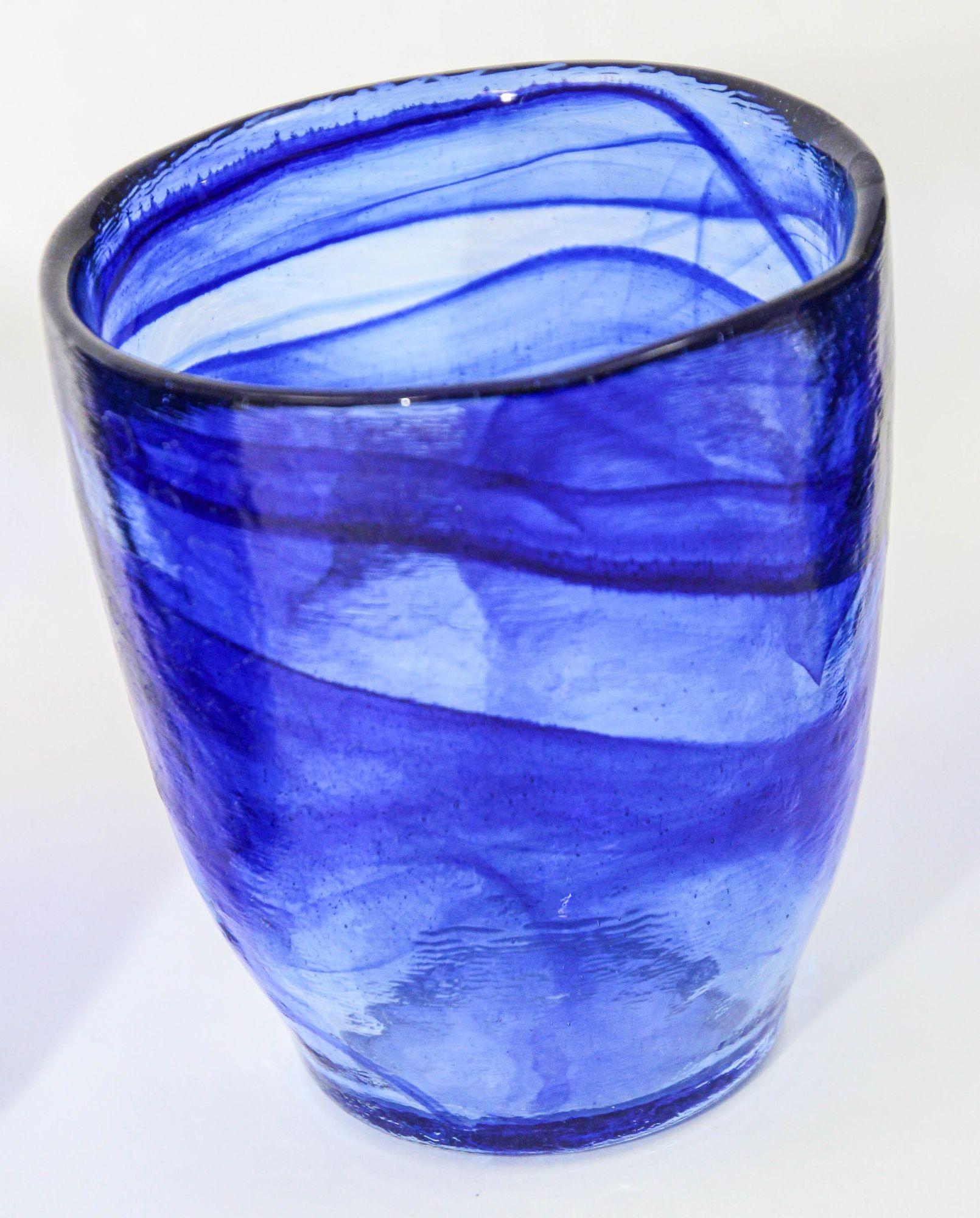 1980s Handcrafted Double Old-Fashioned Cobalt Blue Thick Art Glass set of 6 For Sale 2