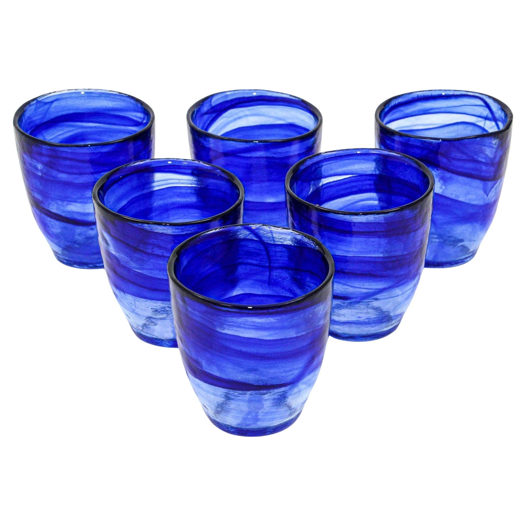 1980s Handcrafted Double Old-Fashioned Cobalt Blue Thick Art Glass set of 6
