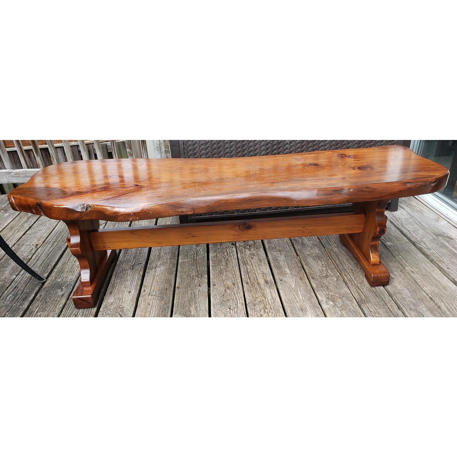 1980s Handcrafted Polished Walnut Pine Wood Slabs Trestle Coffee Table For Sale 3
