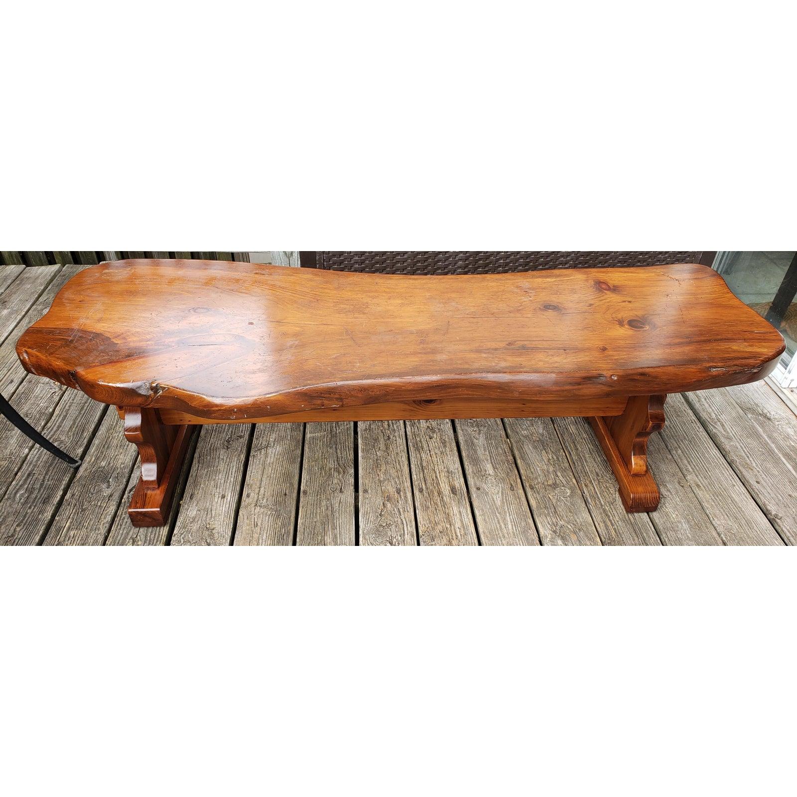 American 1980s Handcrafted Polished Walnut Pine Wood Slabs Trestle Coffee Table For Sale