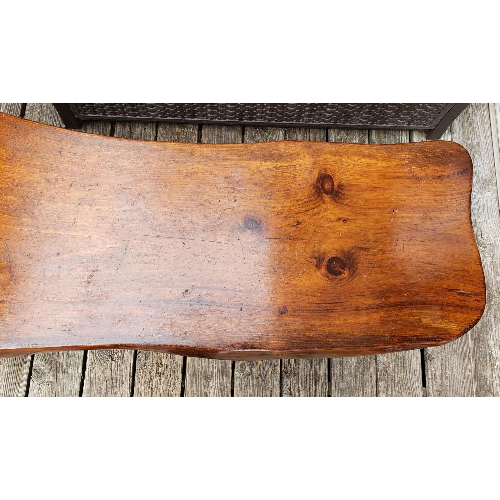 1980s Handcrafted Polished Walnut Pine Wood Slabs Trestle Coffee Table In Good Condition For Sale In Germantown, MD