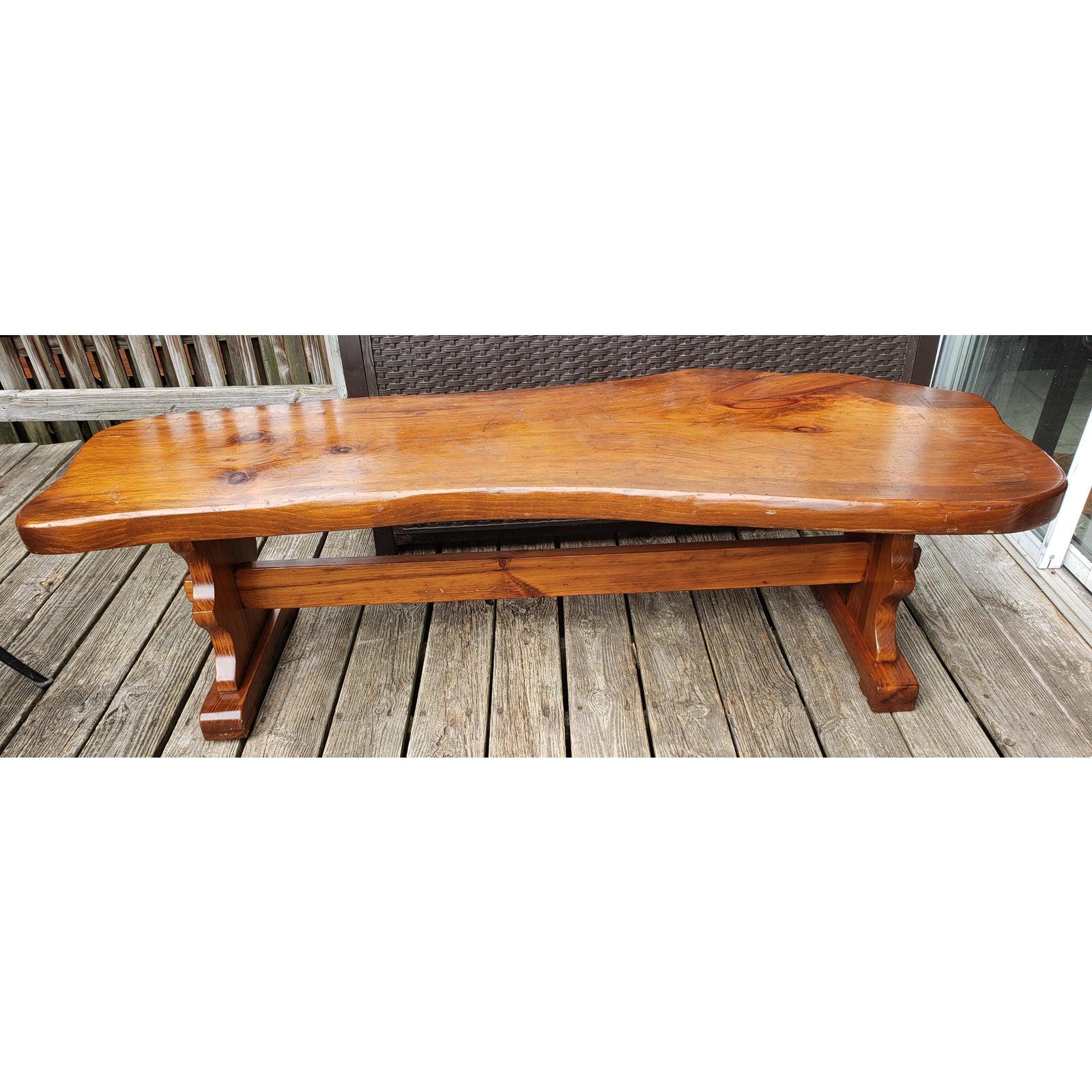 Hardwood 1980s Handcrafted Polished Walnut Pine Wood Slabs Trestle Coffee Table For Sale