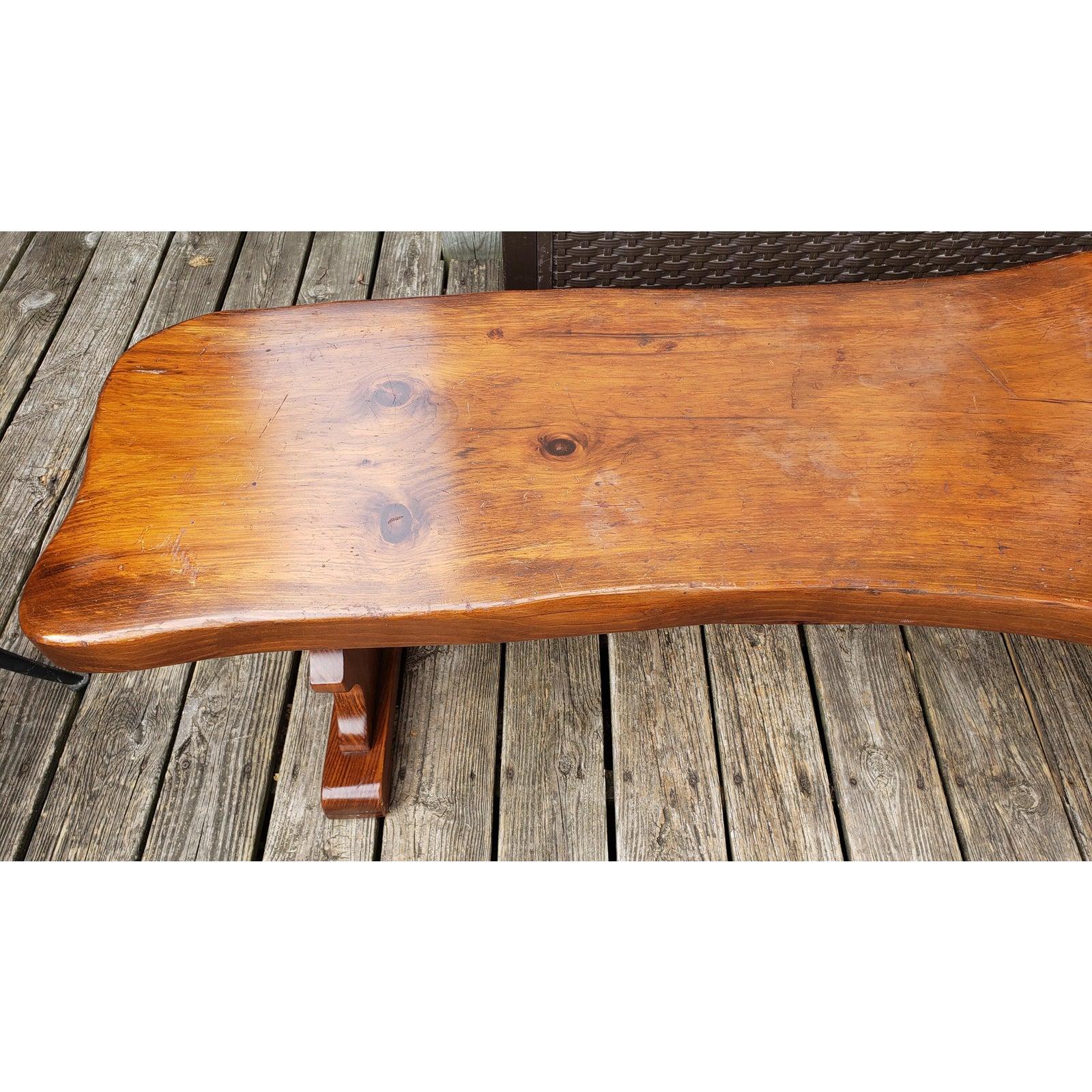 1980s Handcrafted Polished Walnut Pine Wood Slabs Trestle Coffee Table For Sale 1
