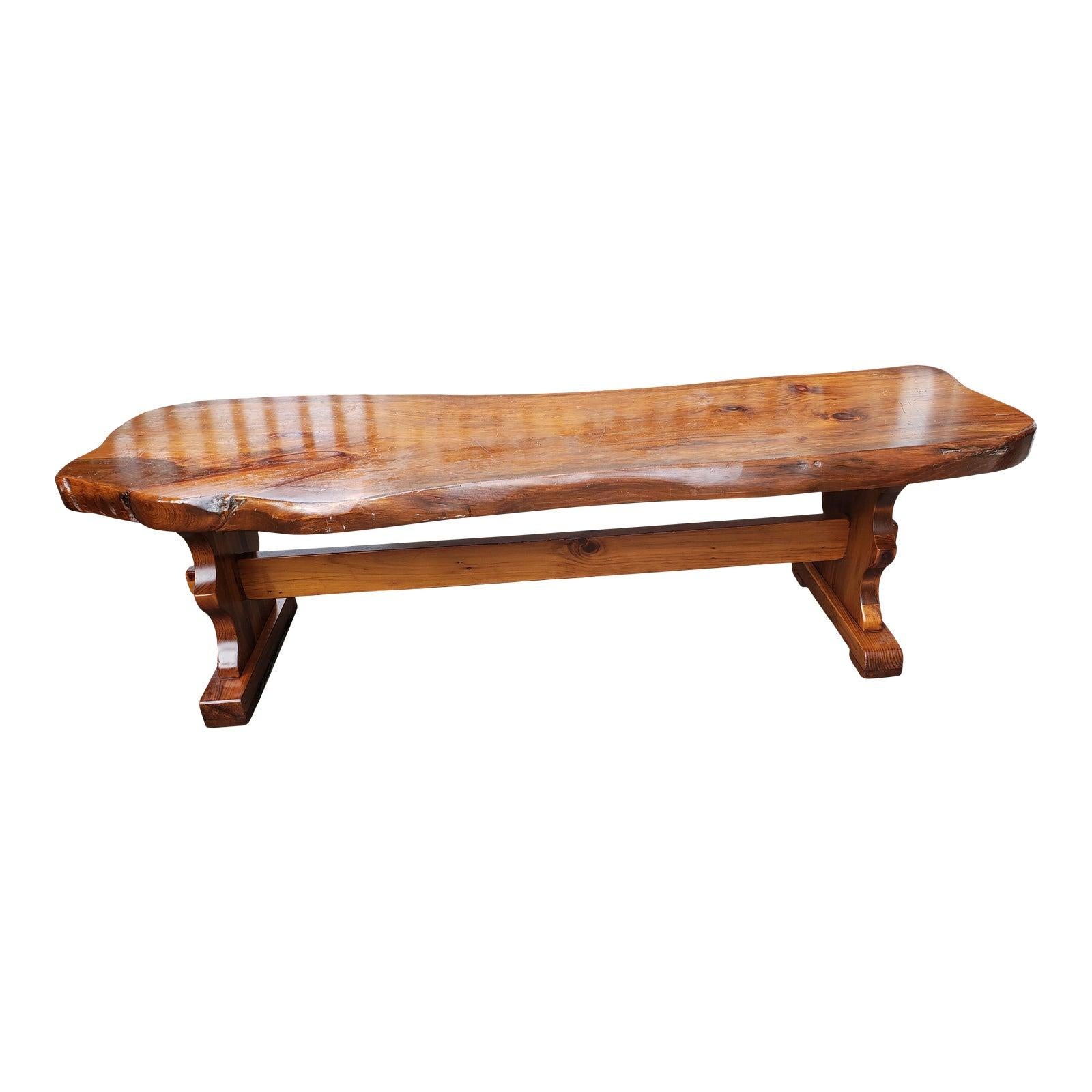 1980s Handcrafted Polished Walnut Pine Wood Slabs Trestle Coffee Table For Sale