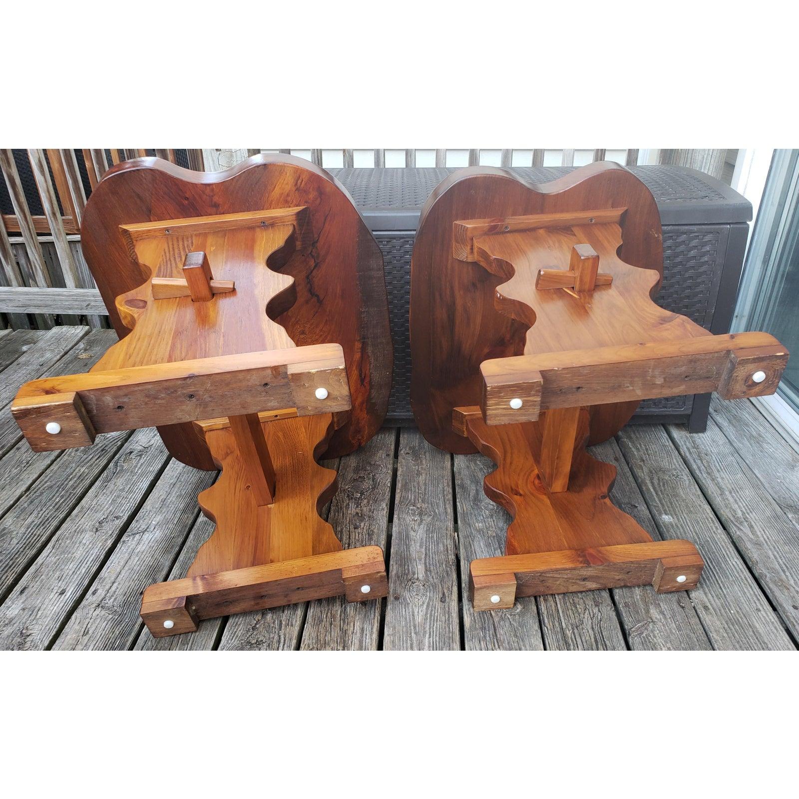 1980s Handcrafted Polished Walnut Pine Wood Slabs Trestle Side Tables, a Pair For Sale 2