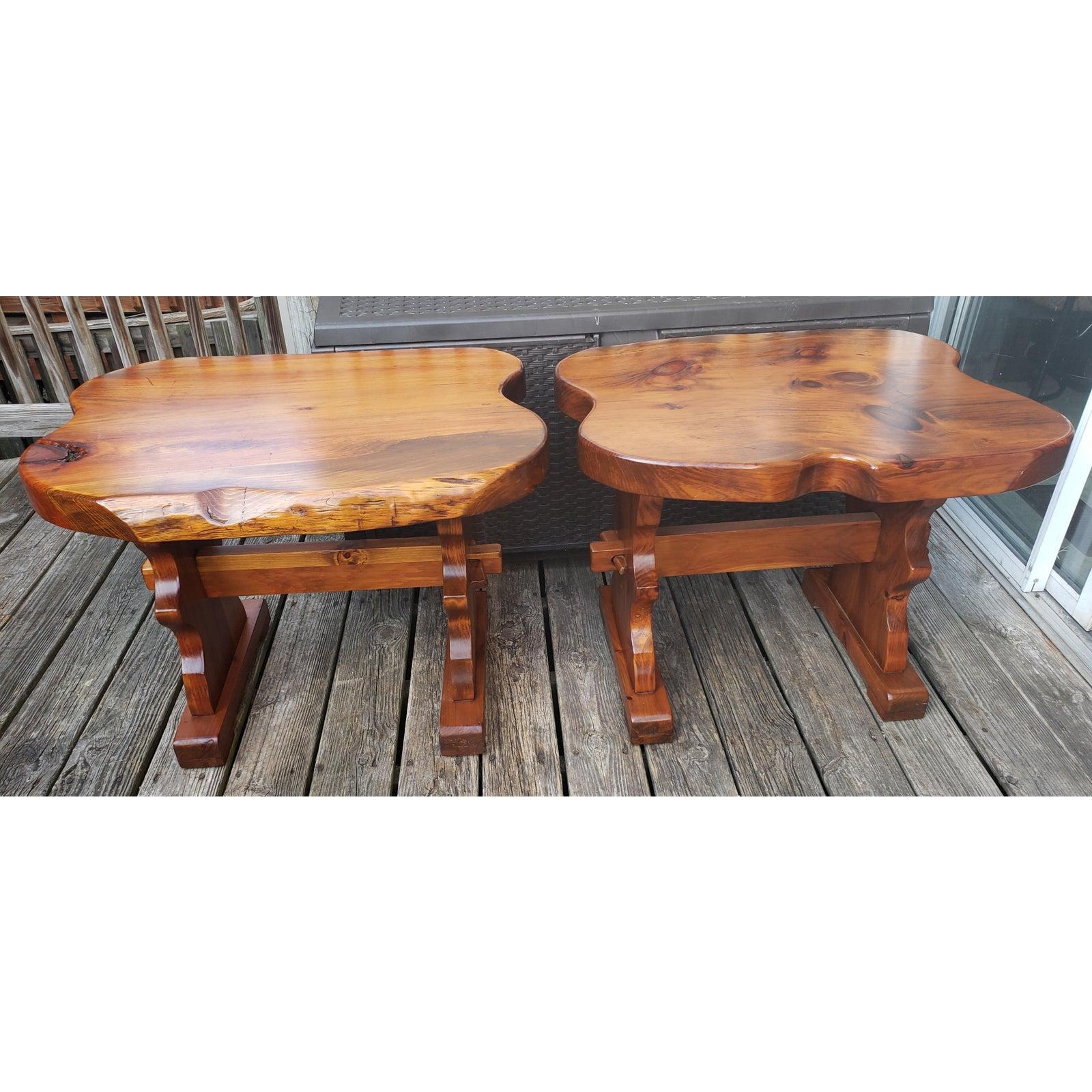 Bring a “down-home” country charm to your residence, even if it’s located in the heart of a bustling city, with this pair of thick, rock solid walnut and pine side tables. These true hand trestle side tables are finished throughout. These table are