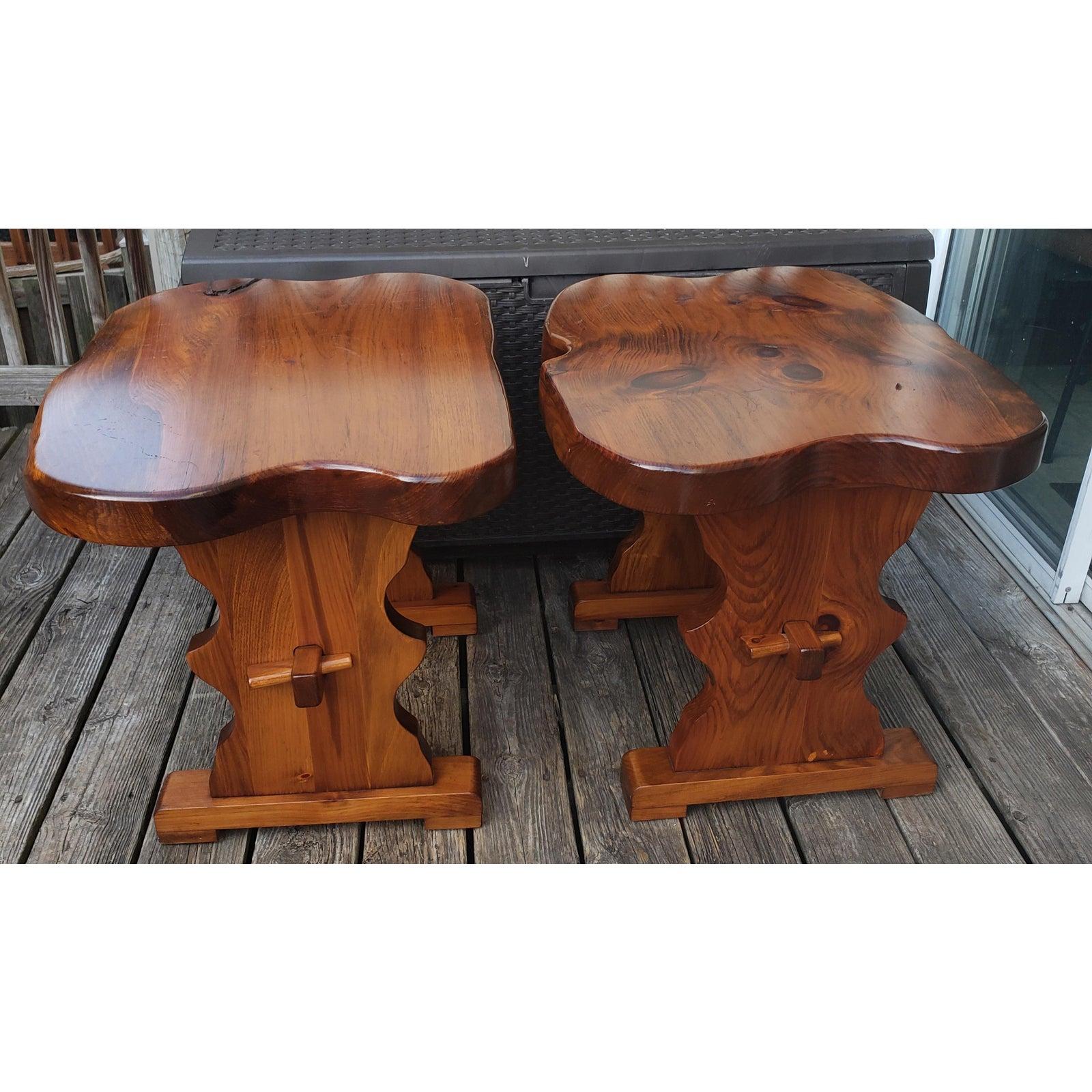 American 1980s Handcrafted Polished Walnut Pine Wood Slabs Trestle Side Tables, a Pair For Sale