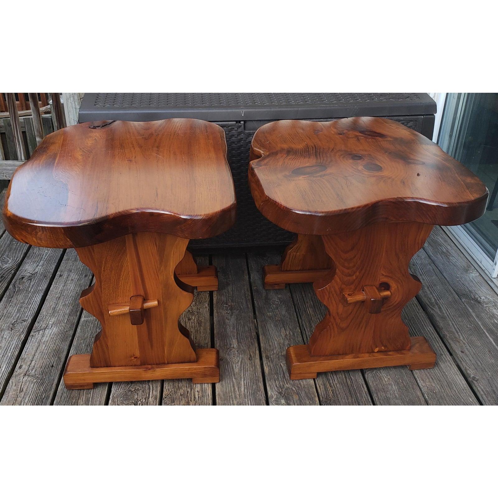 Hand-Crafted 1980s Handcrafted Polished Walnut Pine Wood Slabs Trestle Side Tables, a Pair For Sale