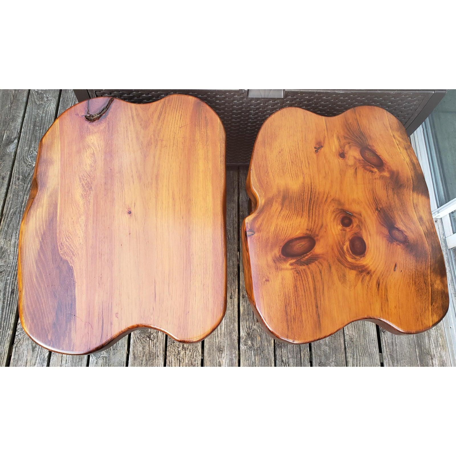 1980s Handcrafted Polished Walnut Pine Wood Slabs Trestle Side Tables, a Pair In Good Condition For Sale In Germantown, MD