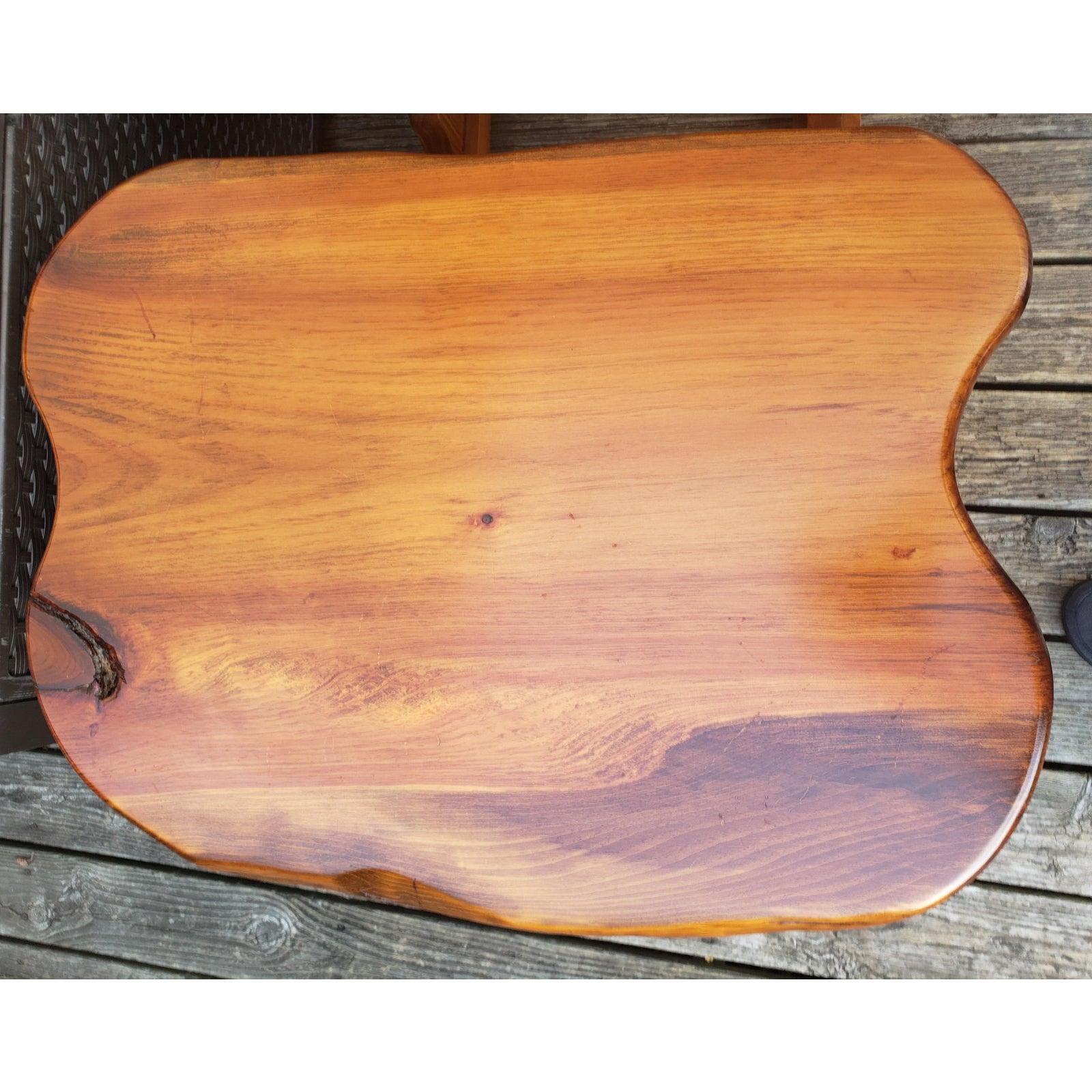Hardwood 1980s Handcrafted Polished Walnut Pine Wood Slabs Trestle Side Tables, a Pair For Sale