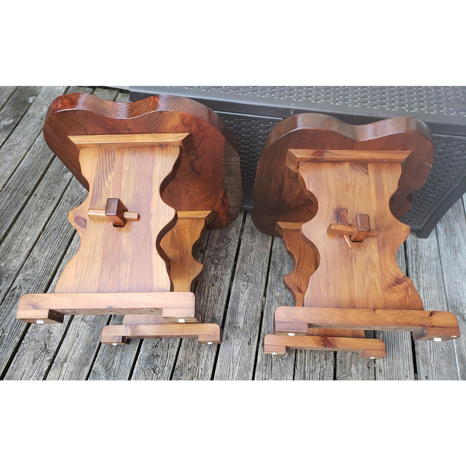 1980s Handcrafted Polished Walnut Pine Wood Slabs Trestle Side Tables, a Pair For Sale 1