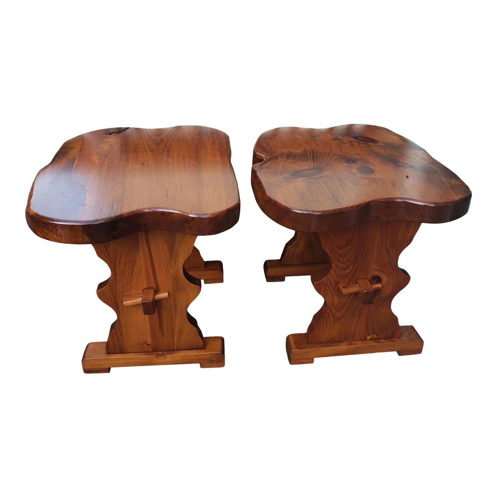 1980s Handcrafted Polished Walnut Pine Wood Slabs Trestle Side Tables, a Pair For Sale