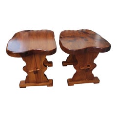 1980s Handcrafted Polished Walnut Pine Wood Slabs Trestle Side Tables, a Pair