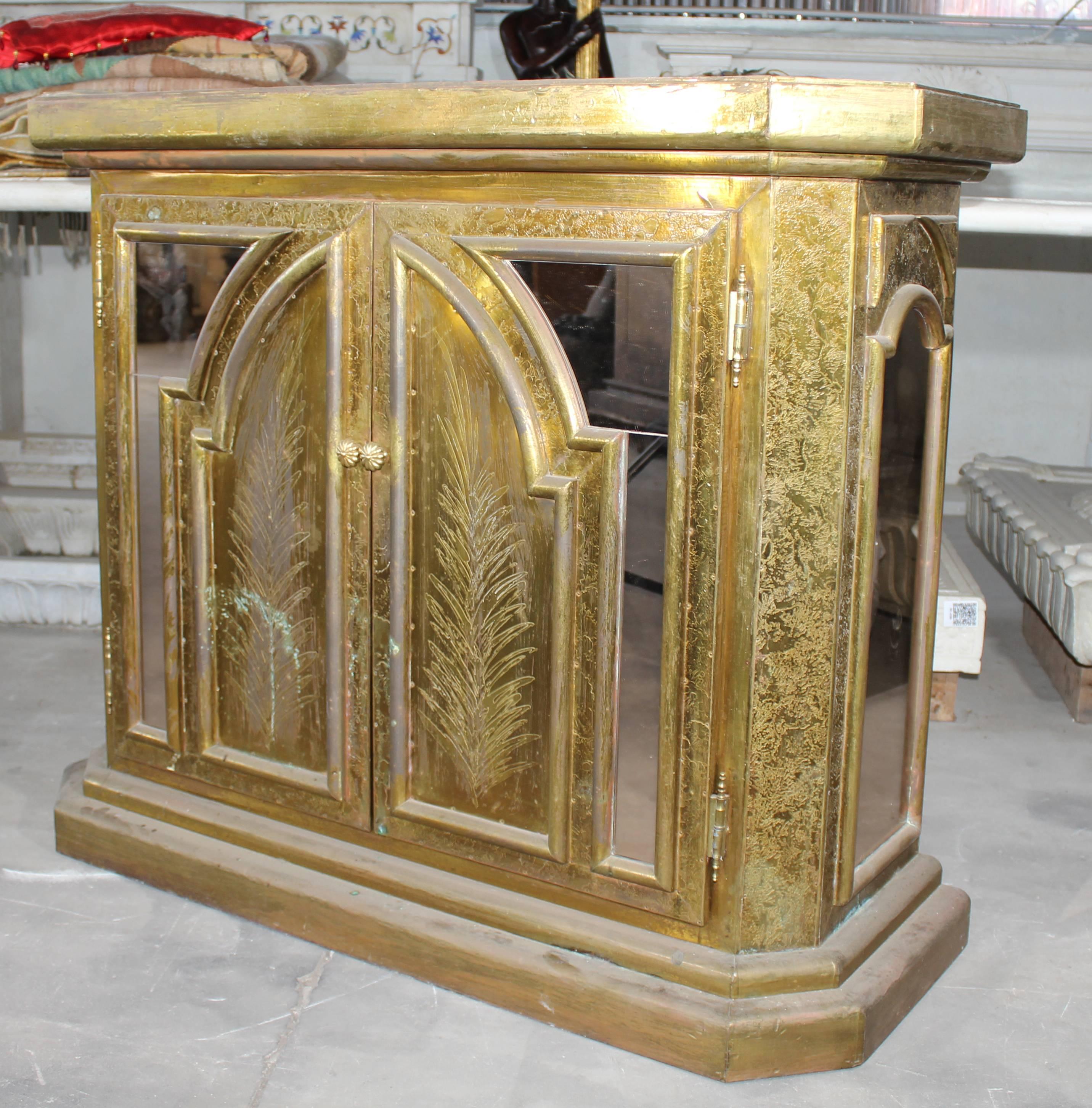Late 20th Century 1980s, Handcrafted Spanish Gilded Brass and Smoked Mirror Cabinet For Sale