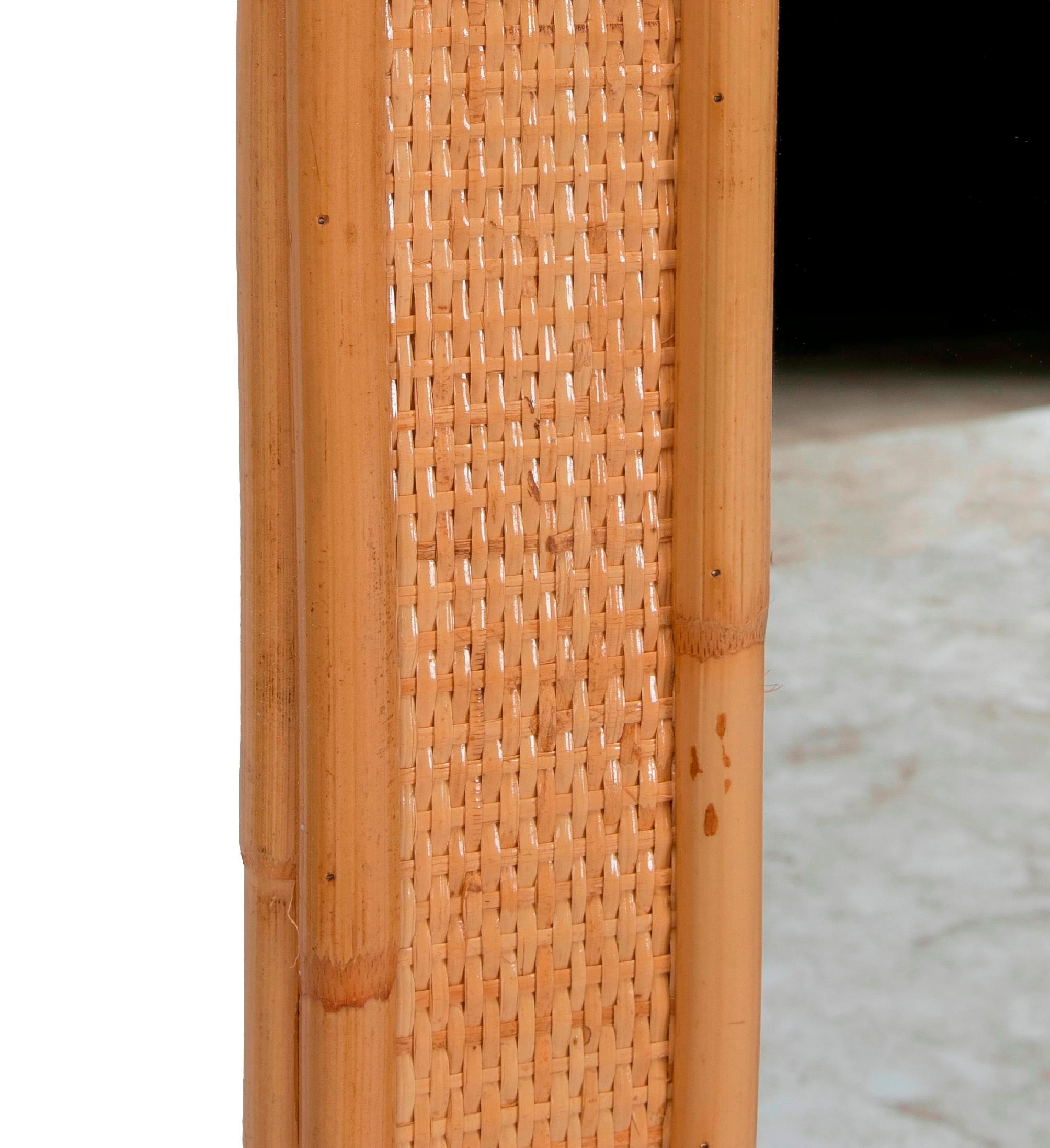 1980s Handmade Bamboo and Wicker Mirror. For Sale 1