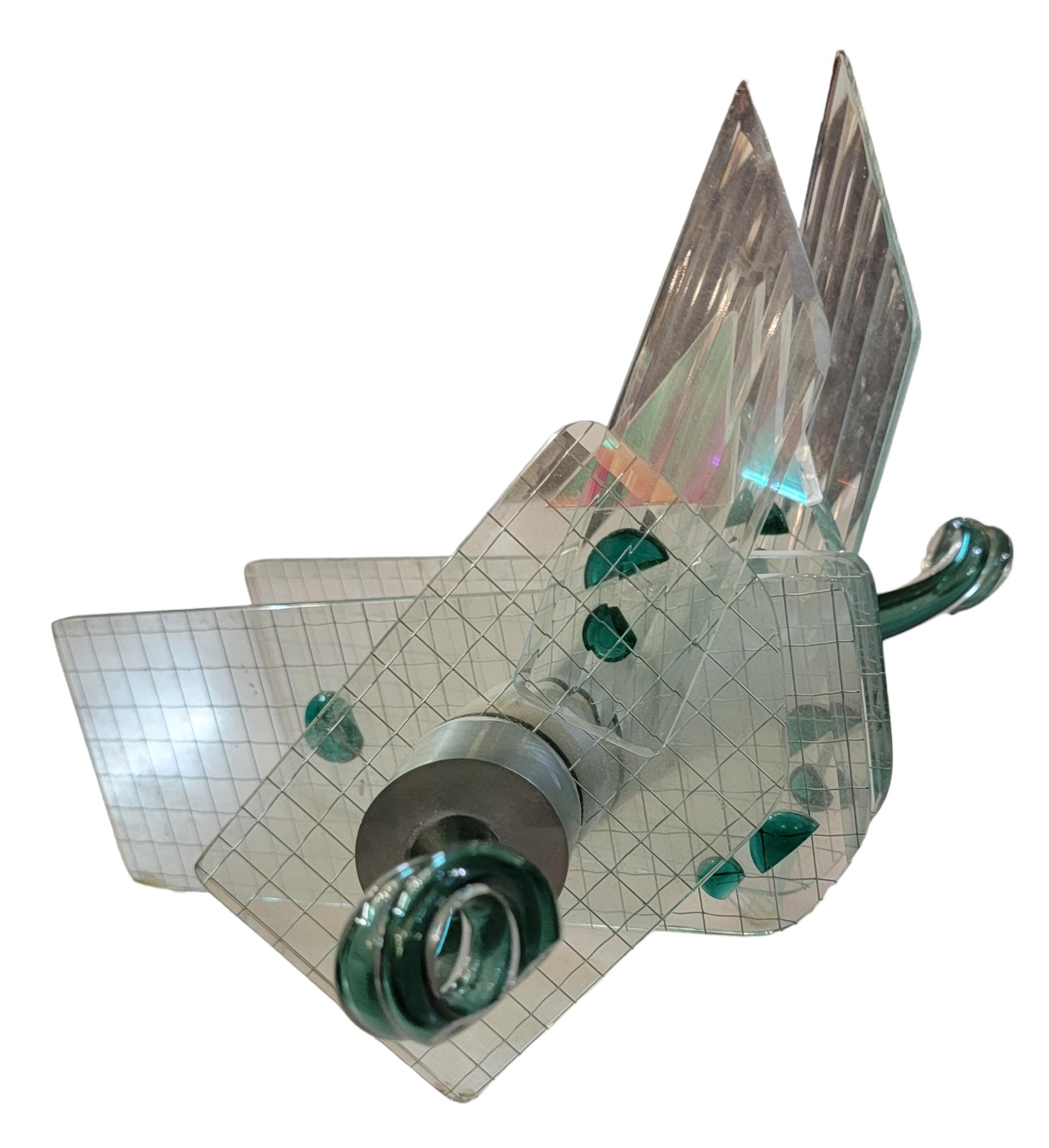 Hand Made Custome Glass Locust Sculpture. Very playful and wonderful squared body design. The antlers are are a green glass that curves outward. There are metal cylinders seperating and holding all the pieces together.
