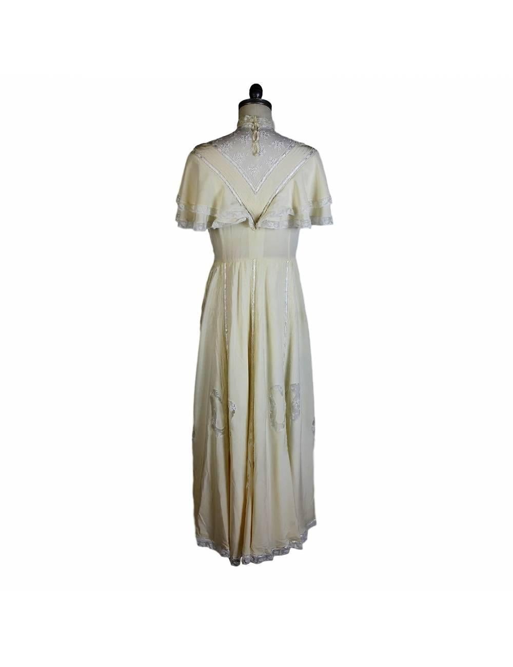 Gray 1980s Handmade Ivory Silk Lace Bow Vintage Wedding Long Tunic Dress 