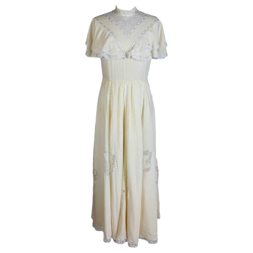 1980s Handmade Ivory Silk Lace Bow Vintage Wedding Long Tunic Dress 
