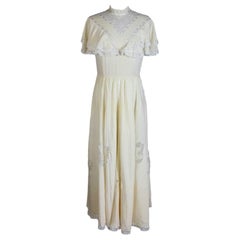 1980s Handmade Ivory Silk Lace Bow Vintage Wedding Long Tunic Dress 