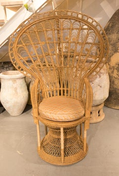 1980s Handmade Wicker Armchair with High Backrest