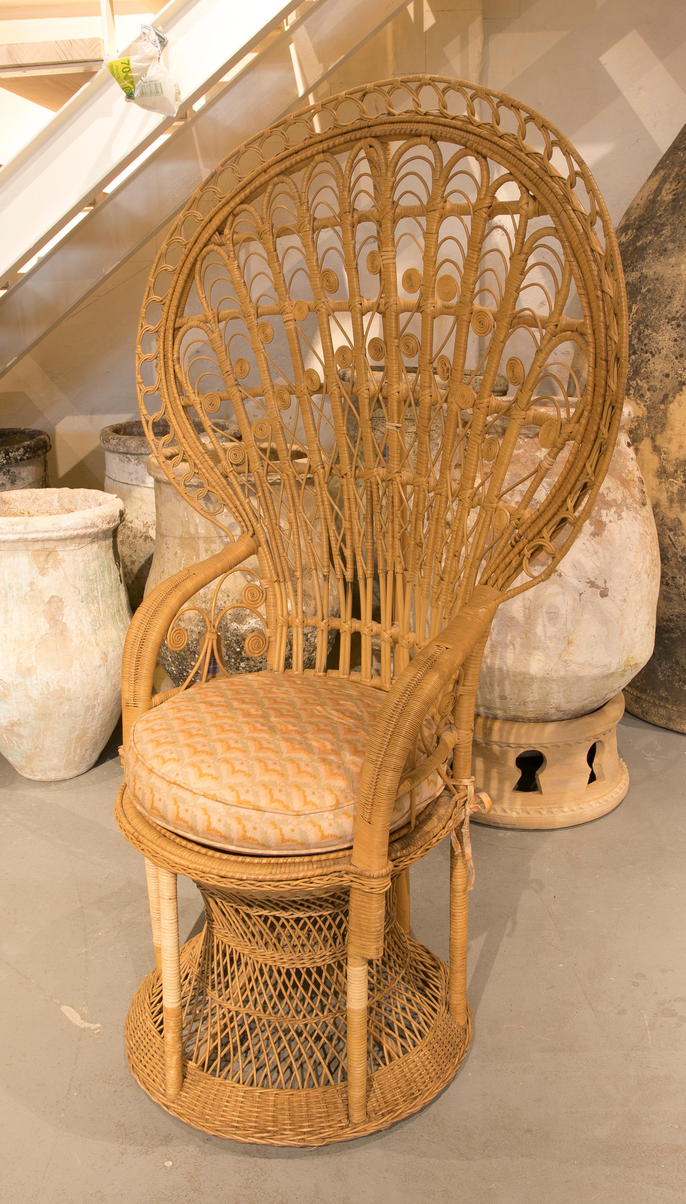 Spanish 1980s Handmade Wicker Armchair with High Backrest For Sale